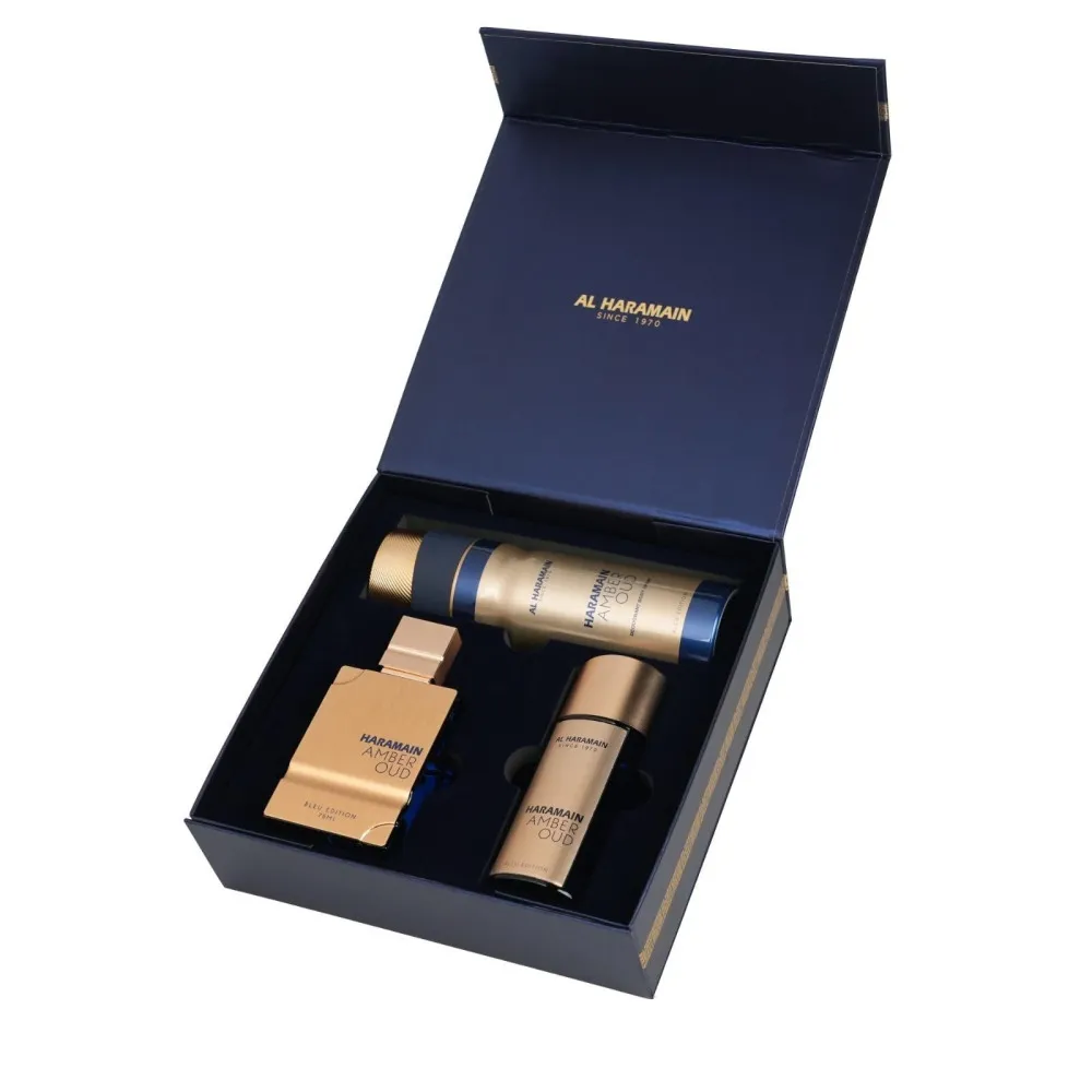 Amber Oud Bleu Edition coffret cadeau unisexe eau de parfum 75 ml + eau de parfum 30 ml + déodorant en spray 200 ml