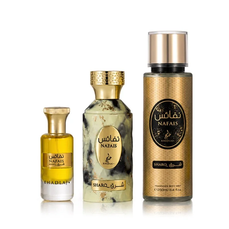 Nafais Sharq eau de parfum unisexe 100 ml + huile de parfum 24 ml + spray pour le corps 250 ml