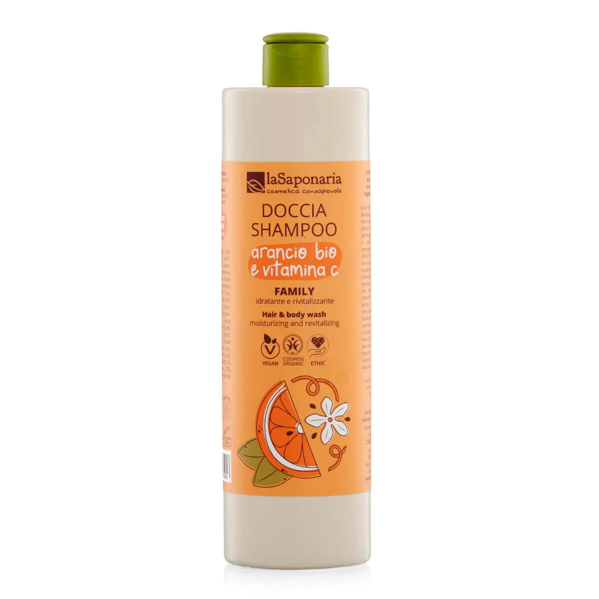 laSaponaria Gel douche et shampooing 2-en-1 à l’orange BIO et à la vitamine C pour toute la famille 500 ml - au parfum doux et revigorant