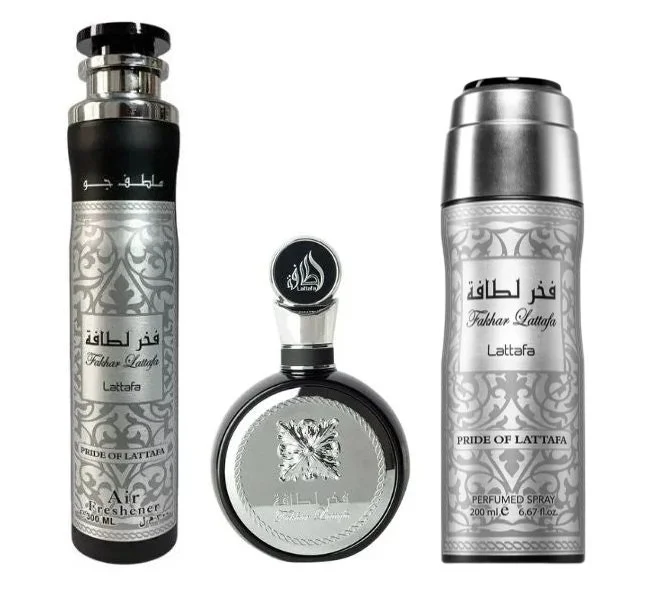 Coffret cadeau Fakhar Man - Eau de Parfum 100 ml + Spray parfumé 200 ml + Désodorisant d’intérieur 300 ml