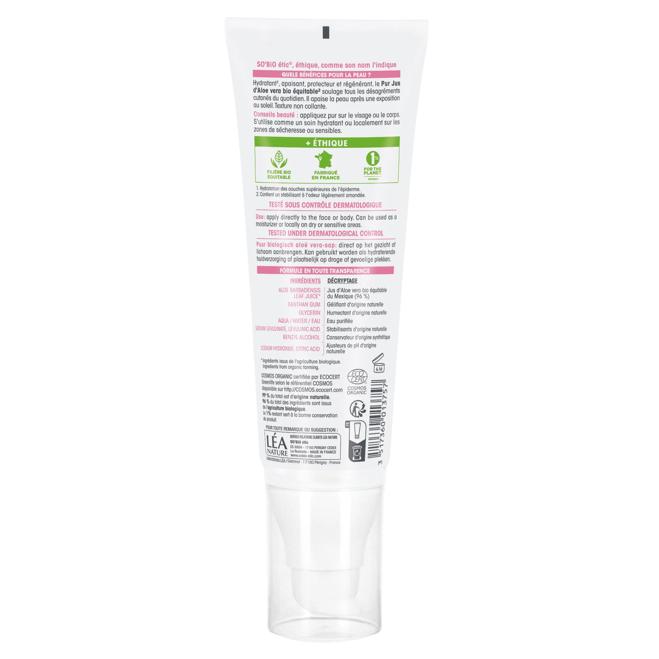 SO’BiO étic Gel d'Aloe vera - hypoallergénique BIO (125 ml) - hydratation intense et apaisement de la peau