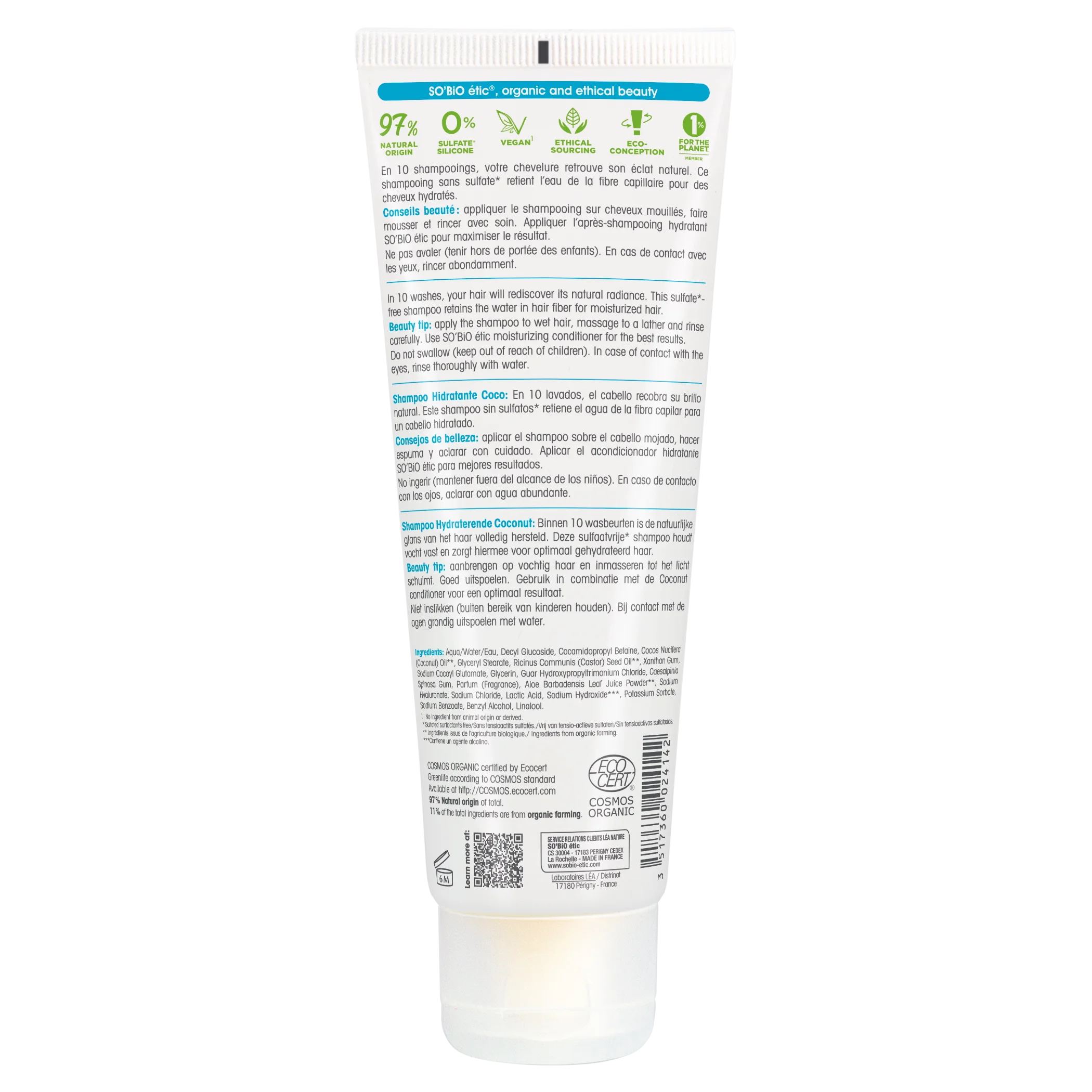 SO’BiO étic Shampoing hydratant à la noix de coco et à l'acide hyaluronique BIO (250 ml) - pour tous types de cheveux