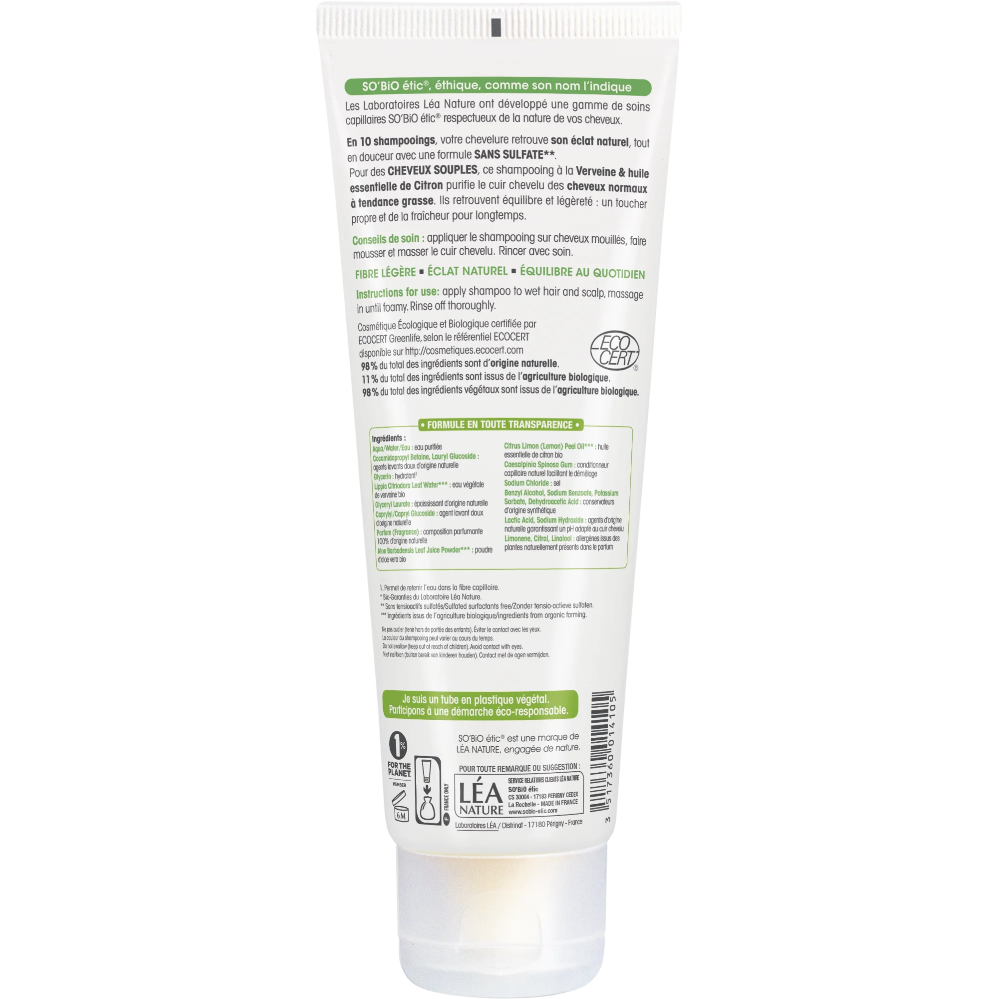SO’BiO étic Shampoing doux verveine-citron BIO (250 ml) - idéal pour les cheveux gras