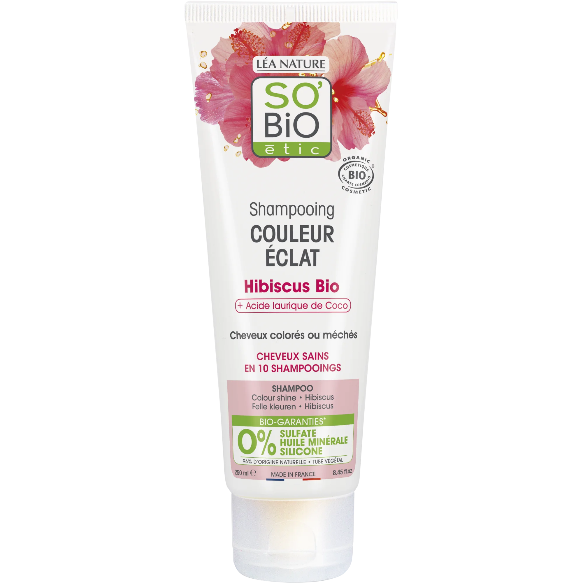 SO’BiO étic Shampooing pour cheveux colorés et méchés à l'hibiscus BIO (250 ml) - préserve l'éclat de la couleur