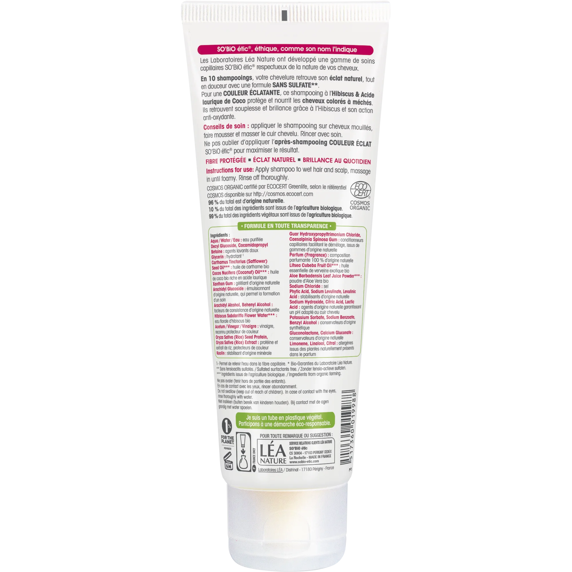 SO’BiO étic Shampooing pour cheveux colorés et méchés à l'hibiscus BIO (250 ml) - préserve l'éclat de la couleur
