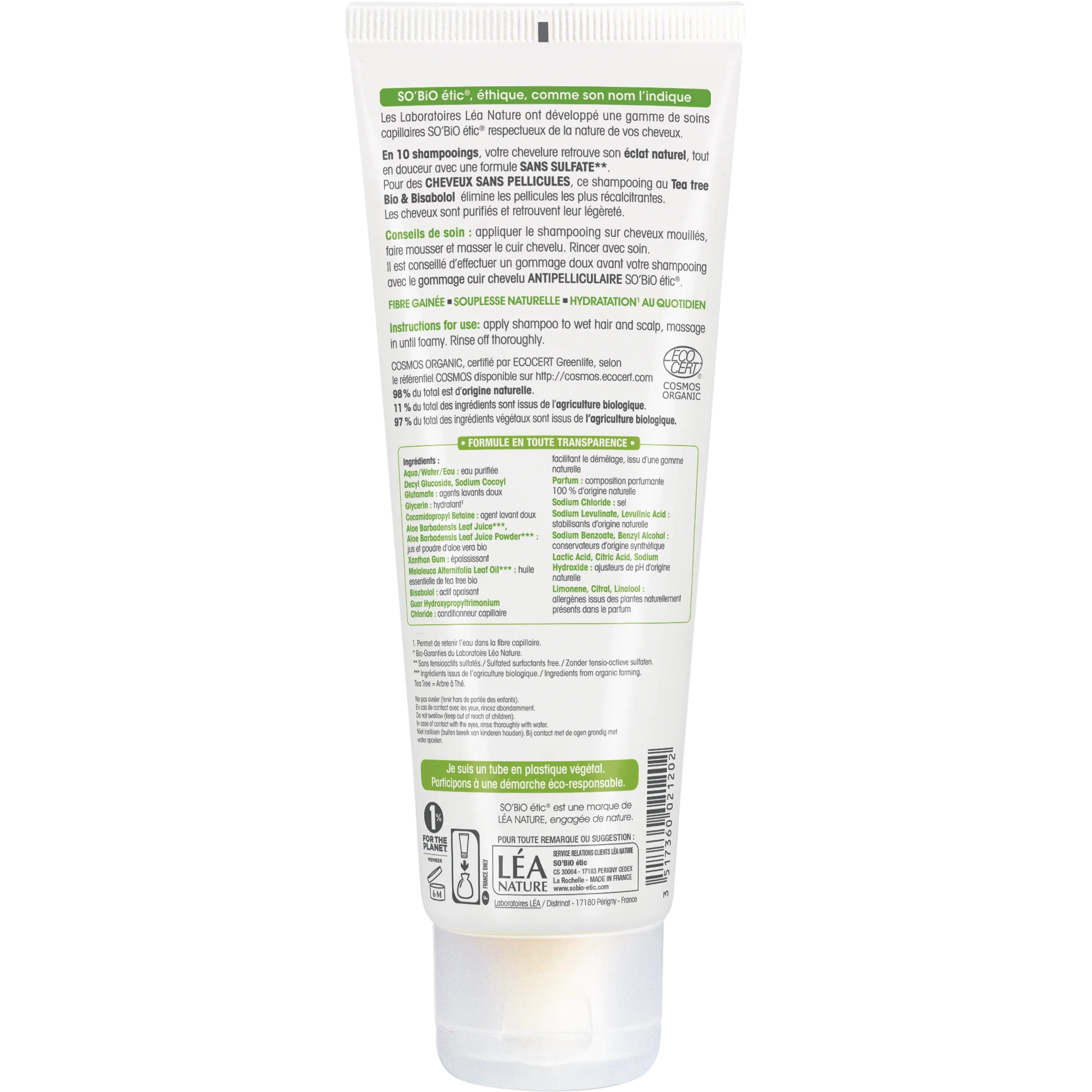 SO’BiO étic Shampooing antipelliculaire BIO à l'arbre à thé et au bisabolol (250 ml) - avec du jus d'aloé vera