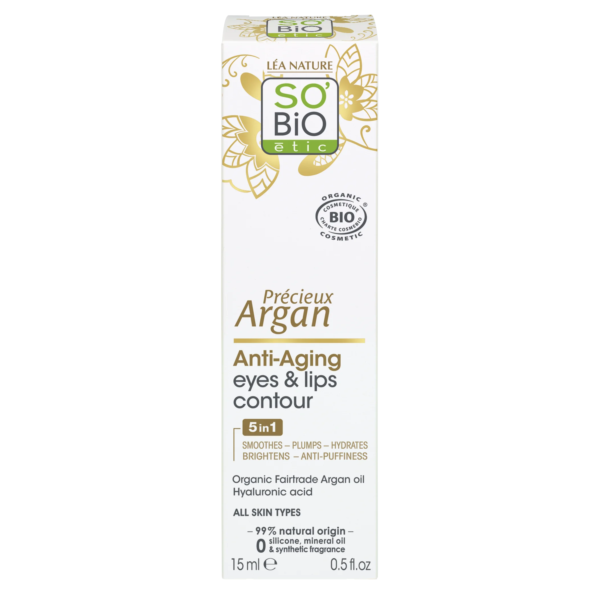 SO’BiO étic Anti-Âge Précieux Argan Crème contour des yeux et des lèvres BIO (15 ml) - idéale pour les peaux matures