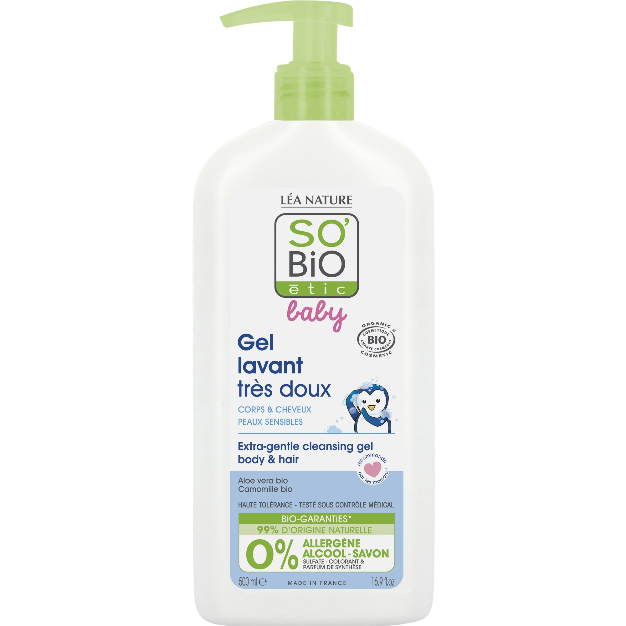 SO’BiO étic BABY Gel lavant pour enfants - extra doux pour le corps et les cheveux BIO (500 ml) - ne pique pas les yeux