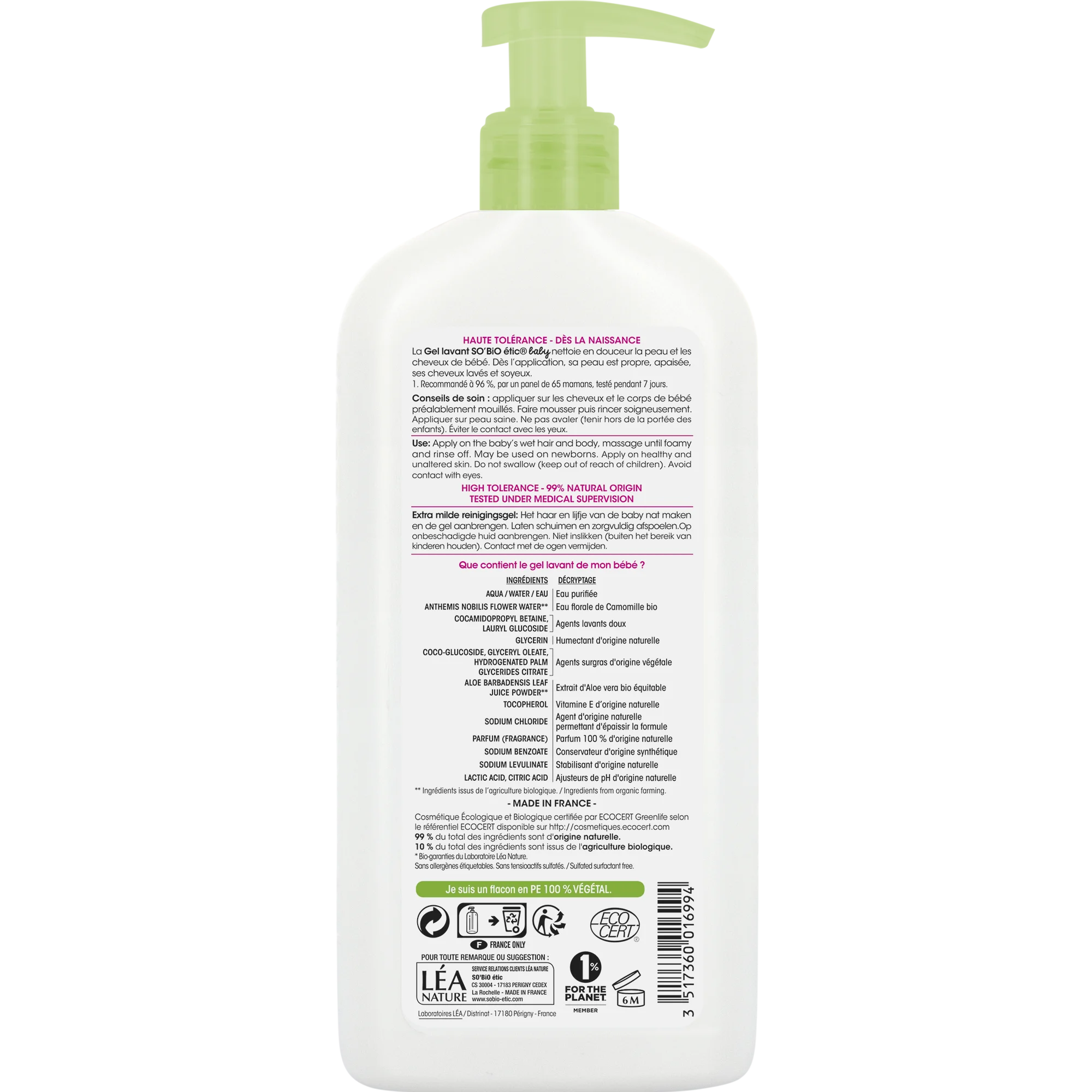 SO’BiO étic BABY Gel lavant pour enfants - extra doux pour le corps et les cheveux BIO (500 ml) - ne pique pas les yeux
