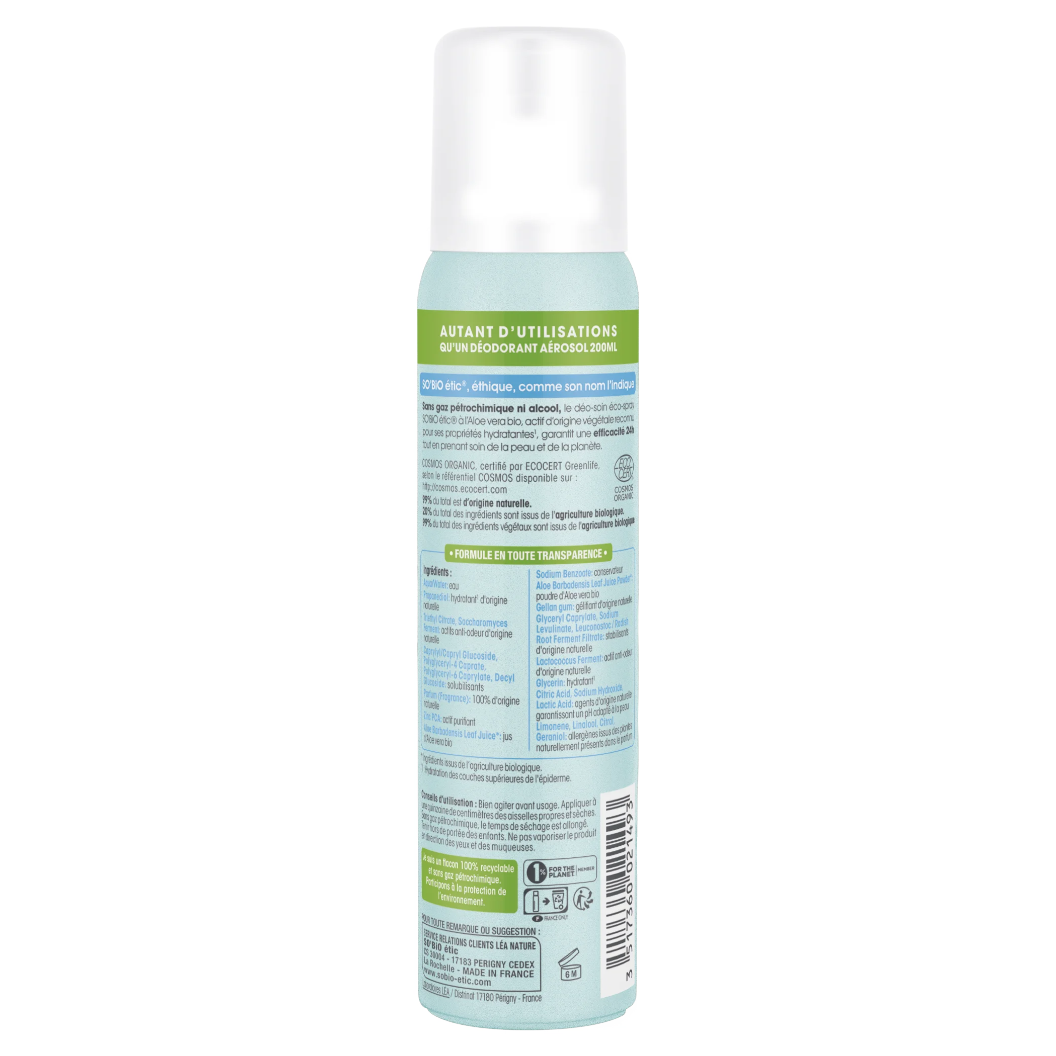 SO’BiO étic Déodorant naturel ECO SPRAY 24h - Aloe vera BIO (100 ml) - efficace jusqu'à 24 heures