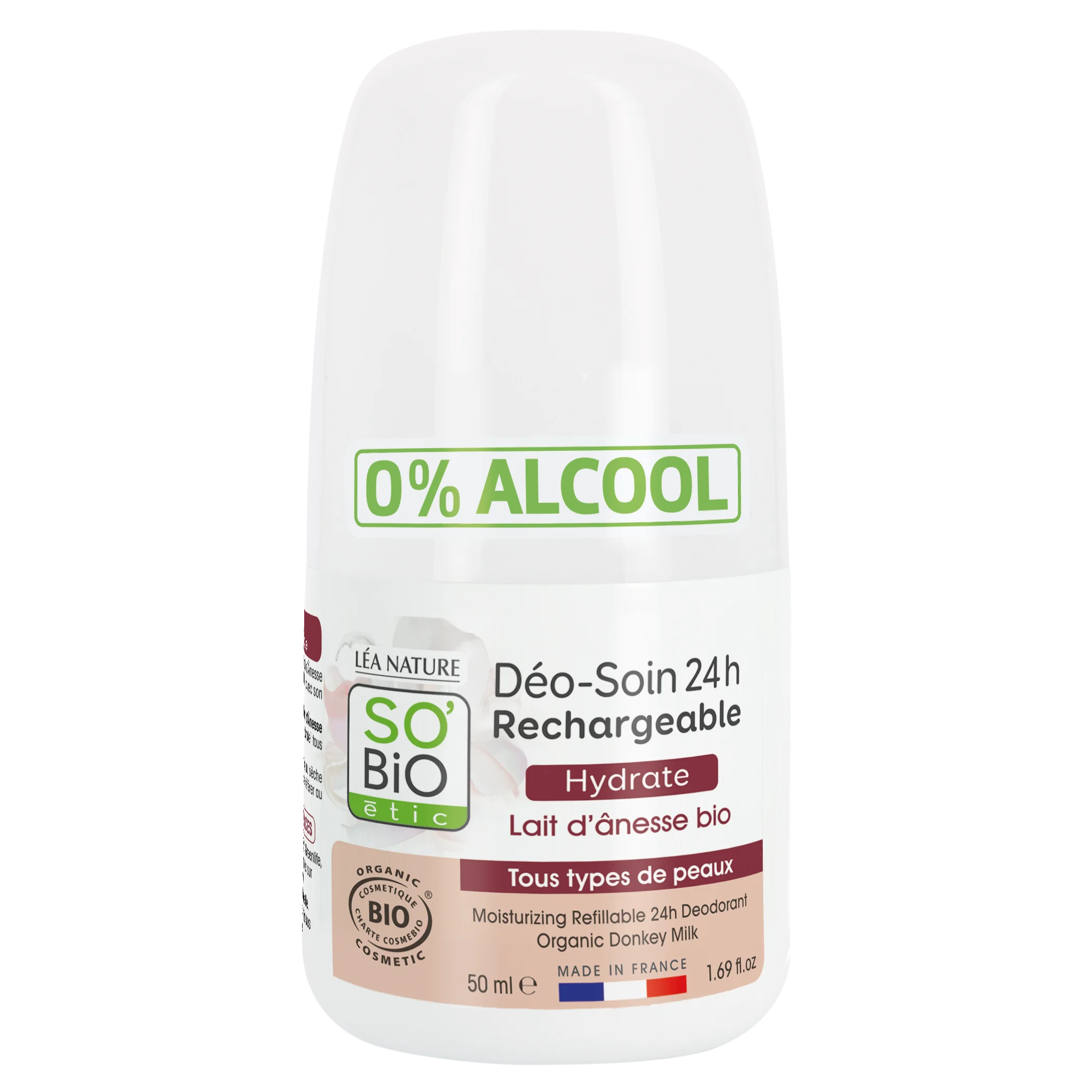 SO’BiO étic Déodorant roll-on 24h hydratant au lait d’ânesse - rechargeable BIO (50 ml) - convient aussi aux peaux sensibles