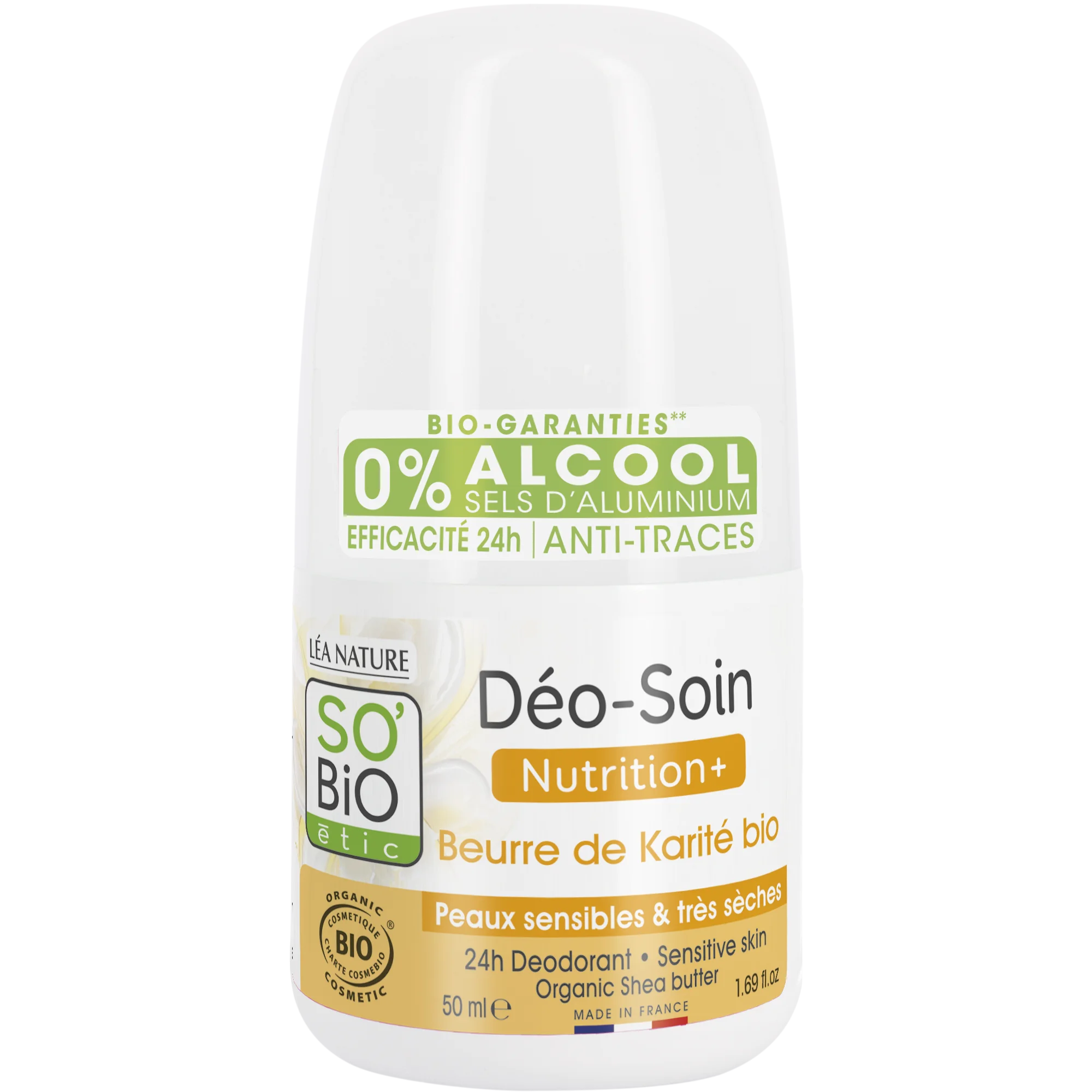 SO’BiO étic Déodorant roll-on 24 h Nutrition+ au karité BIO (50 ml) - efficace jusqu'à 24 heures