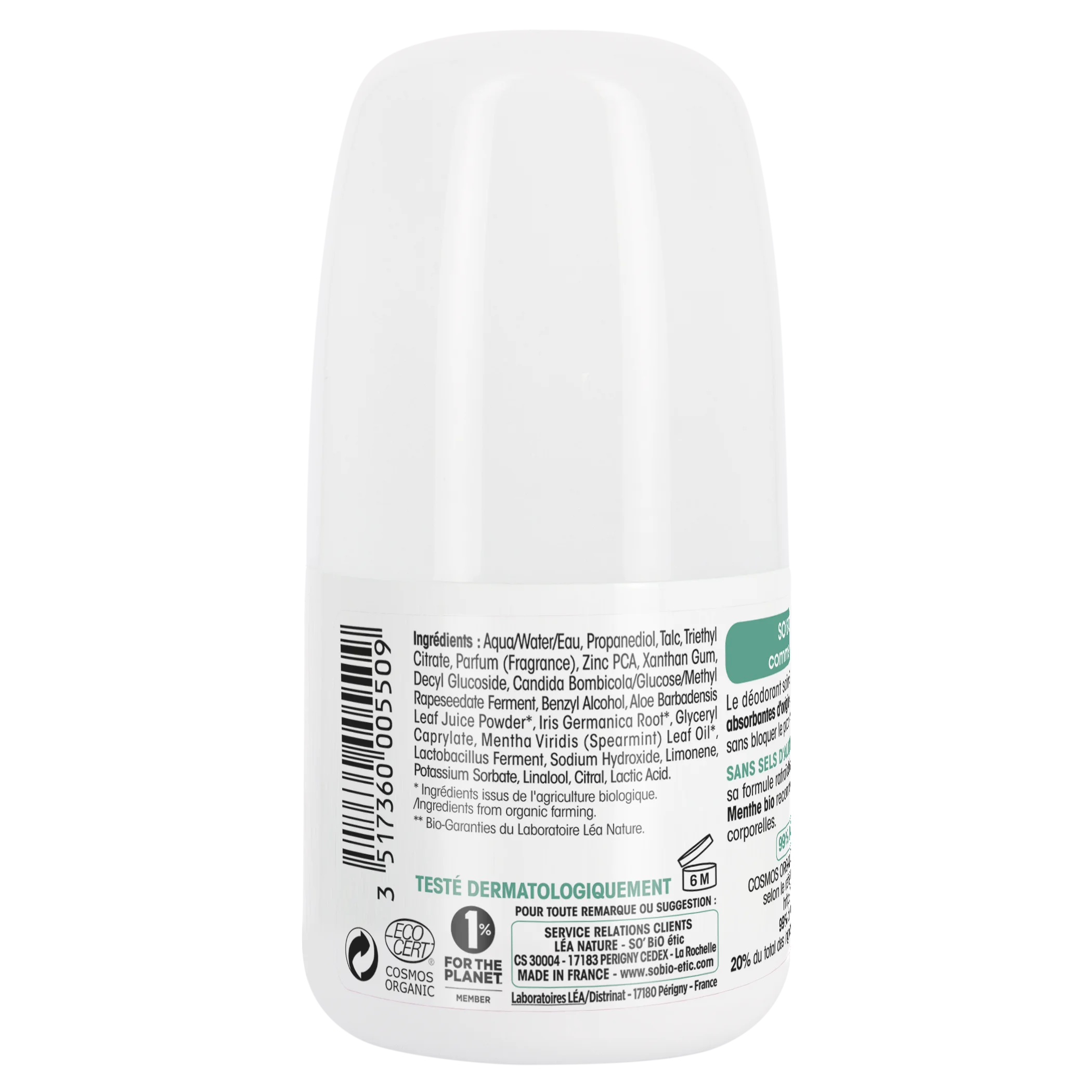 SO’BiO étic Déodorant roll-on 24 h rafraîchissant à la menthe BIO (50 ml) - efficace jusqu'à 24 heures