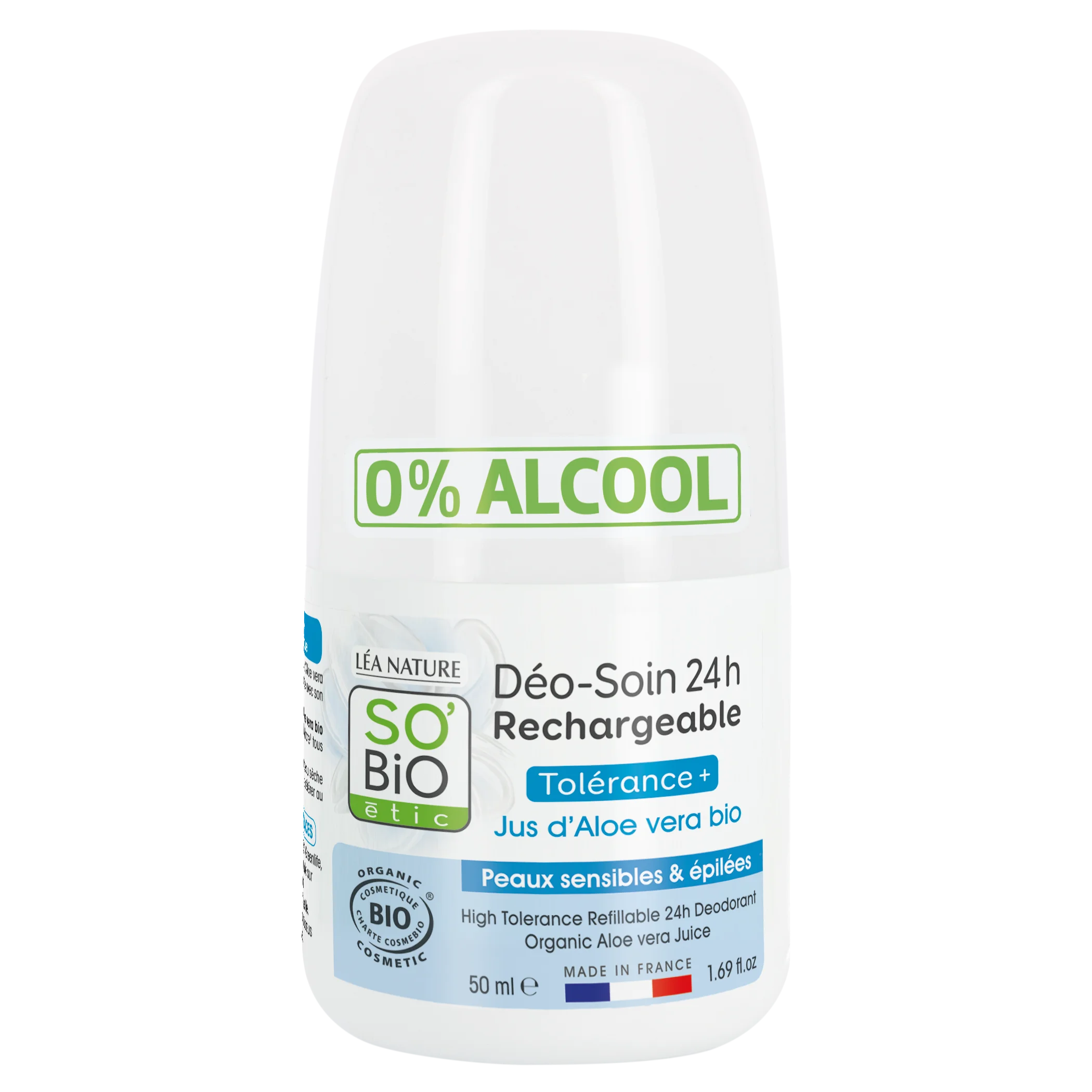 SO’BiO étic Déodorant roll-on 24h - Tolerance+ à l'Aloe vera bio (50 ml) - efficace jusqu'à 24 heures