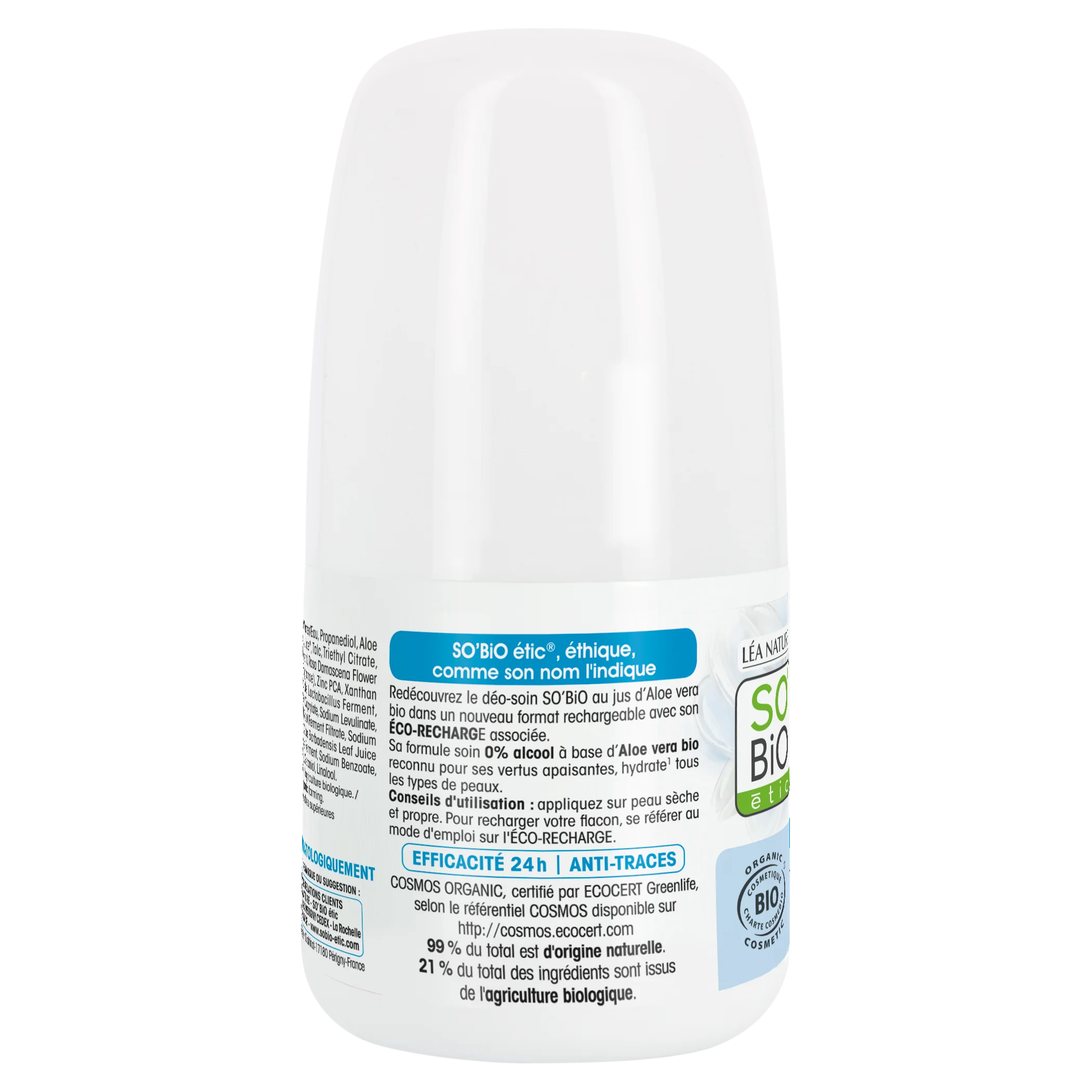 SO’BiO étic Déodorant roll-on 24h - Tolerance+ à l'Aloe vera bio (50 ml) - efficace jusqu'à 24 heures