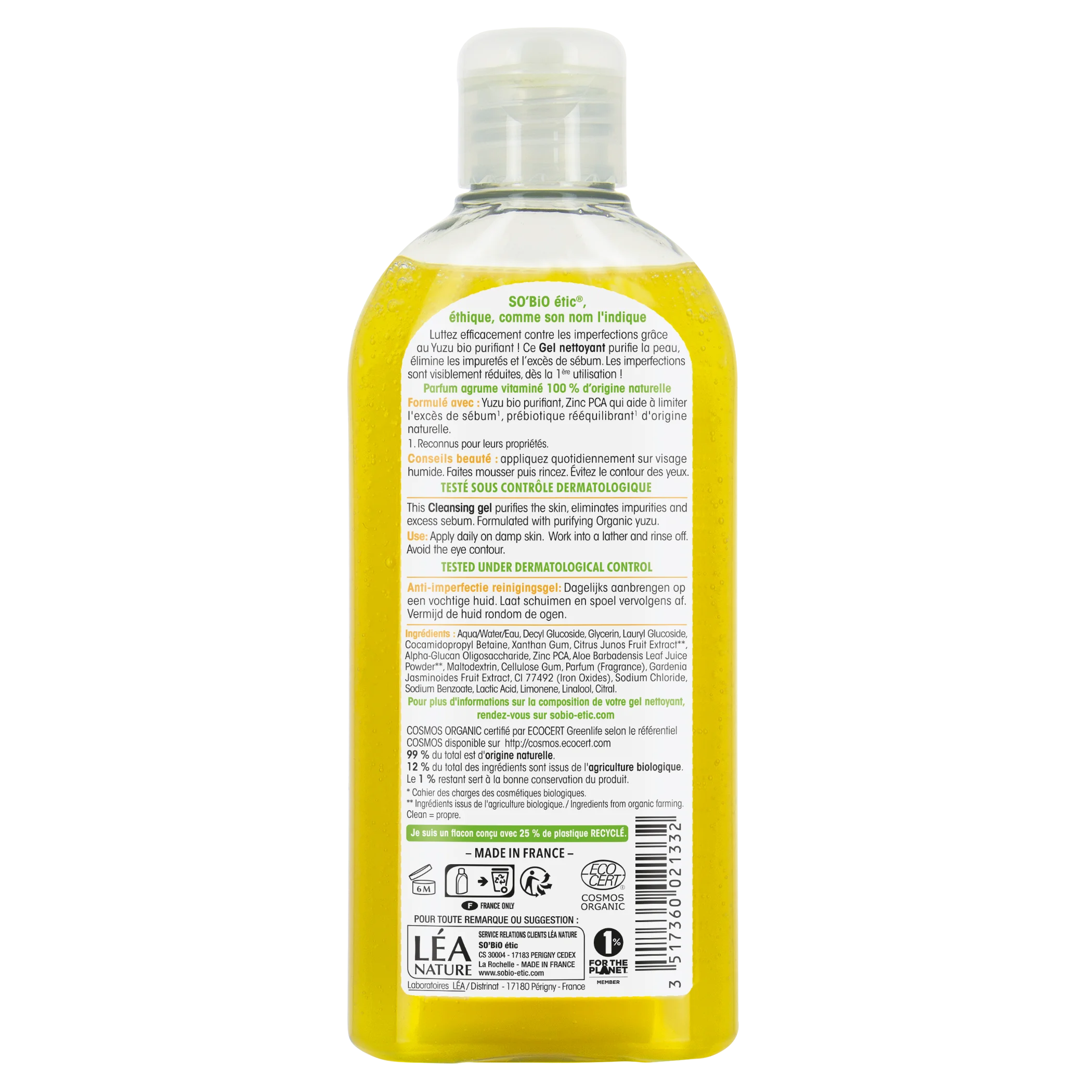SO’BiO étic Gel nettoyant anti-imperfections - Clean Yuzu BIO (200 ml) - idéal pour les peaux grasses