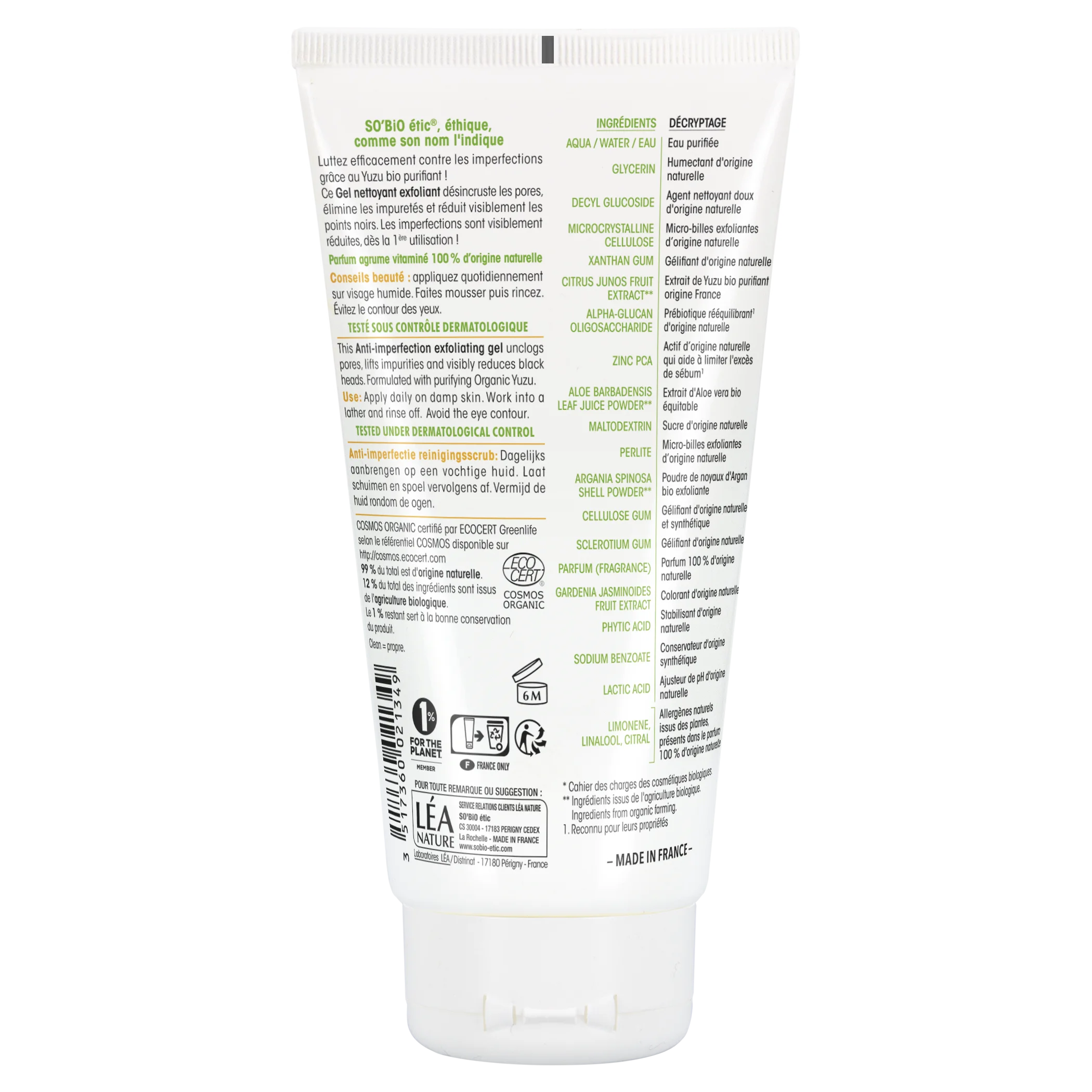 SO’BiO étic Gel exfoliant pour le visage - Clean Yuzu BIO (150 ml) - idéal pour peau grasse
