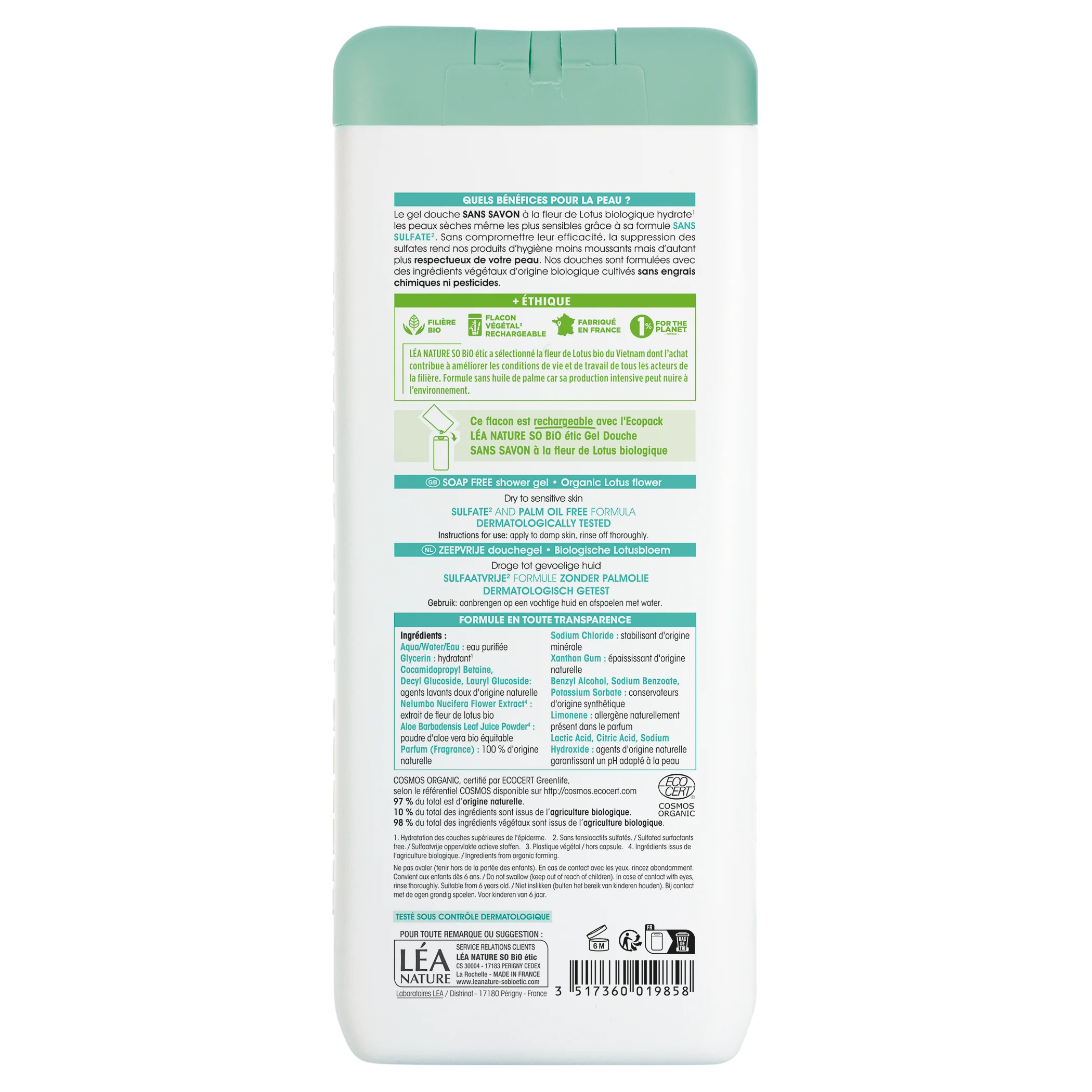 SO’BiO étic Gel douche SANS SAVON à la fleur de lotus BIO (650 ml) - idéal pour les peaux sèches et sensibles