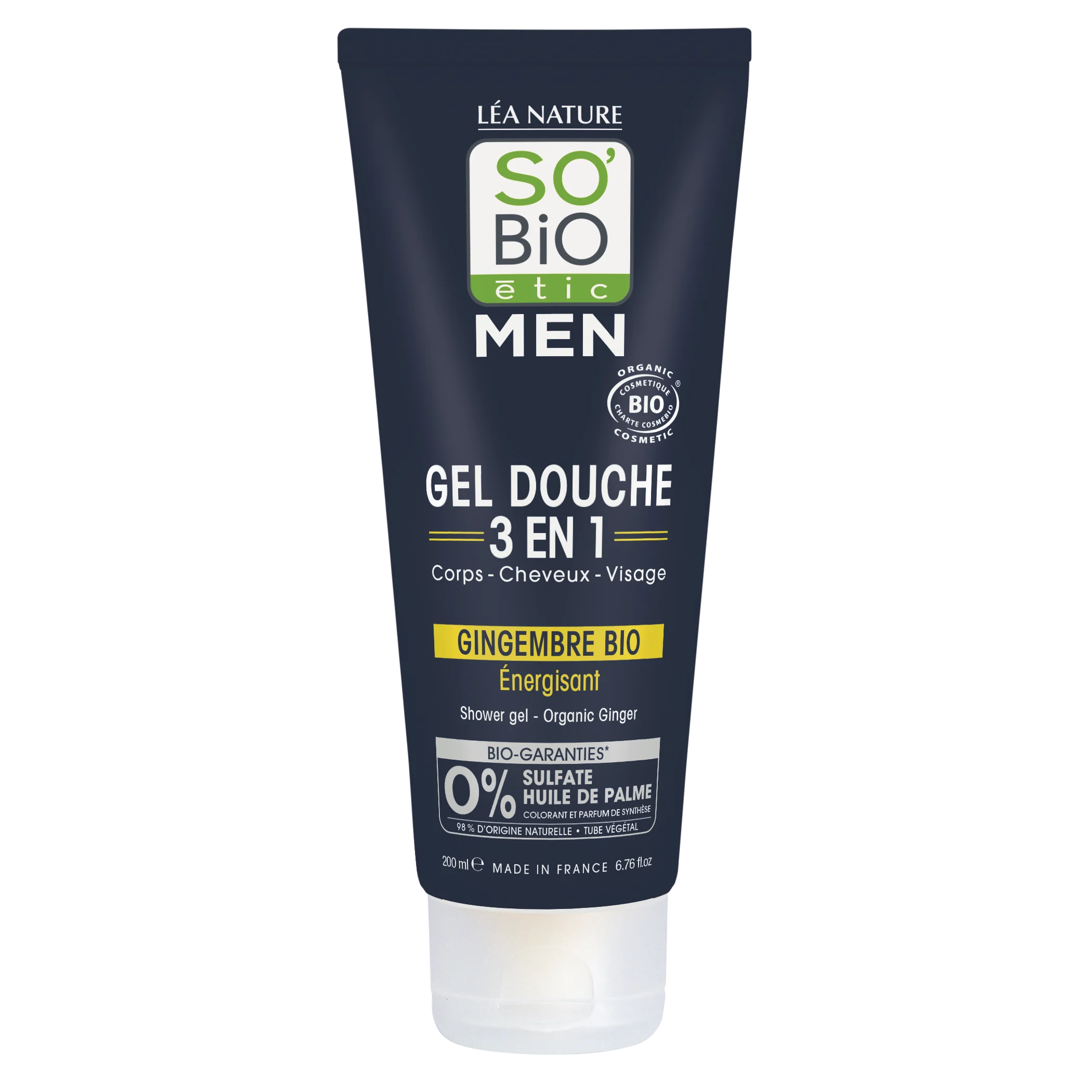 SO’BiO étic Gel douche MEN 3-en-1 - gingembre BIO énergisant (200 ml) - pour le corps, le visage et les cheveux