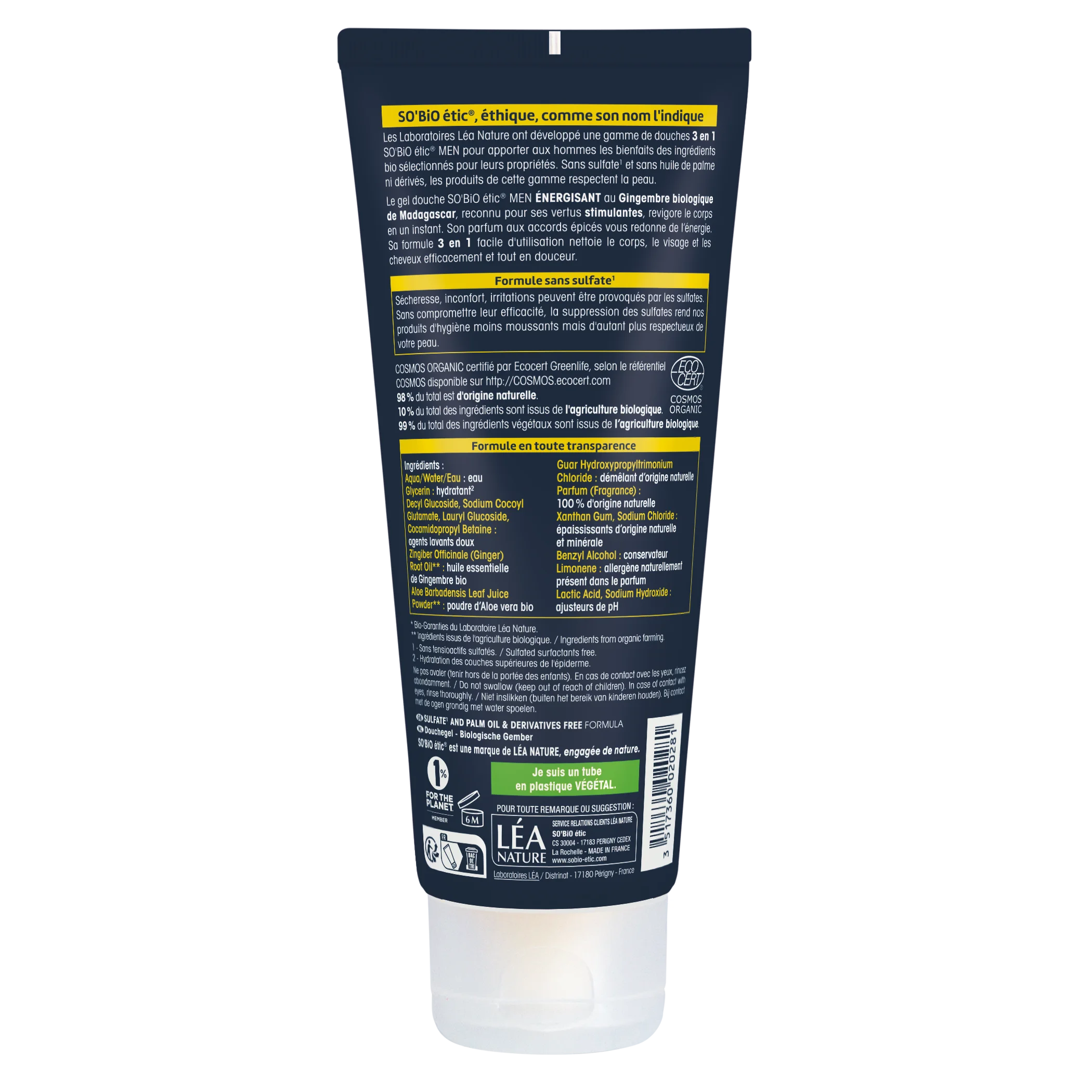 SO’BiO étic Gel douche MEN 3-en-1 - gingembre BIO énergisant (200 ml) - pour le corps, le visage et les cheveux