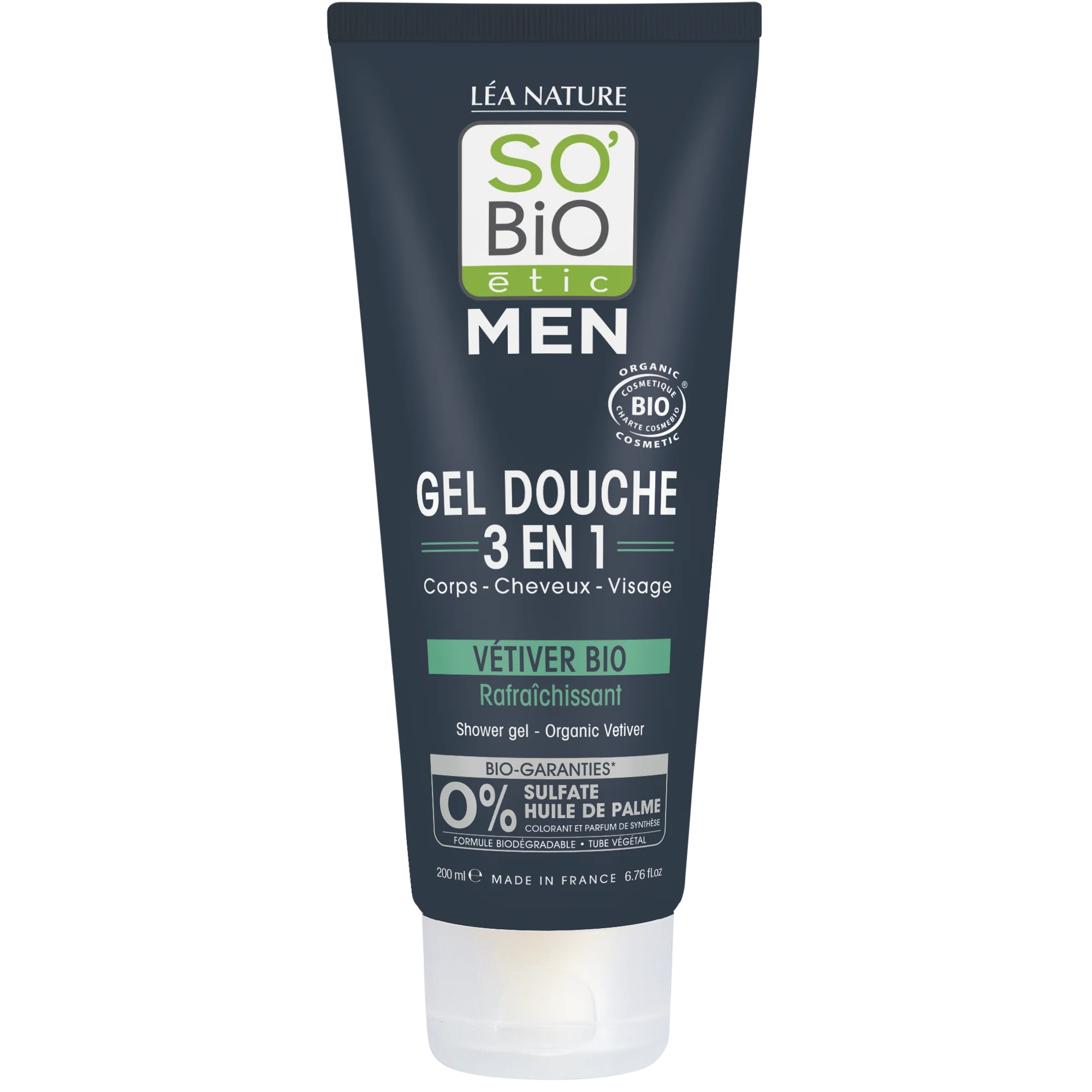 SO’BiO étic Gel douche MEN 3 en 1 - vétiver BIO rafraîchissant (200 ml) - pour le corps, le visage et les cheveux