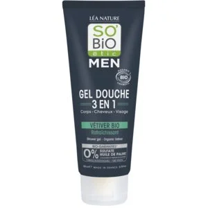 SO’BiO étic Gel douche MEN 3 en 1 - vétiver BIO rafraîchissant (200 ml) - pour le corps, le visage et les cheveux