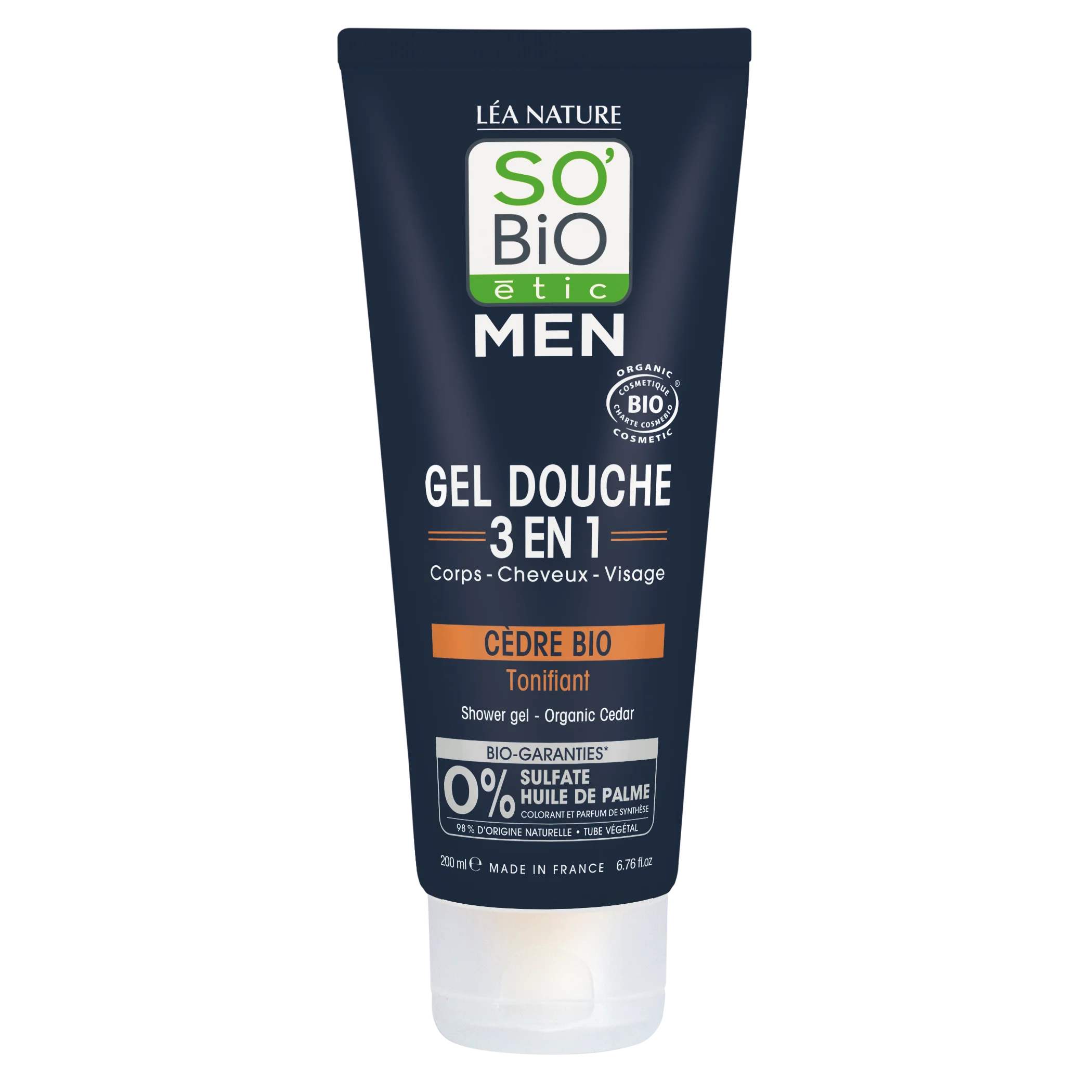 SO’BiO étic Gel douche MEN 3en1 - cèdre BIO tonifiant (200 ml) - pour le corps, le visage et les cheveux