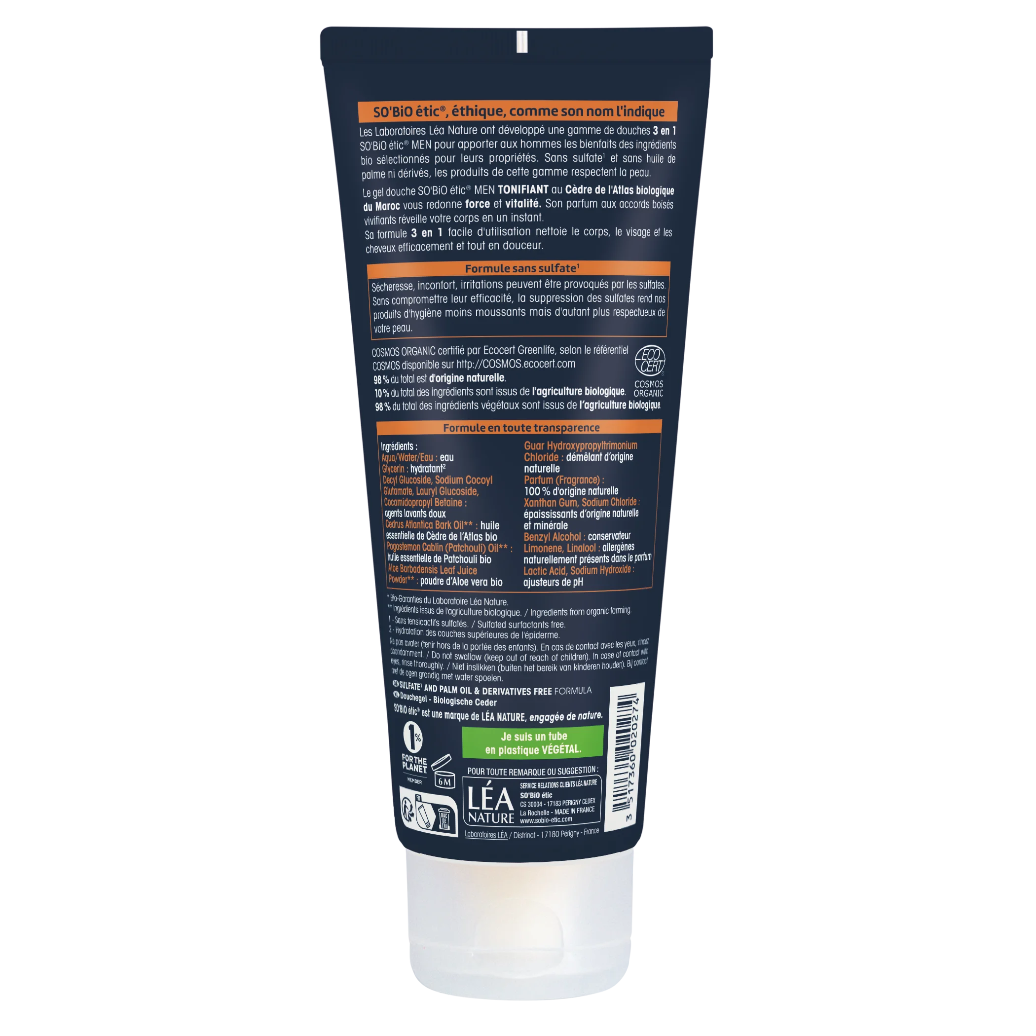 SO’BiO étic Gel douche MEN 3en1 - cèdre BIO tonifiant (200 ml) - pour le corps, le visage et les cheveux