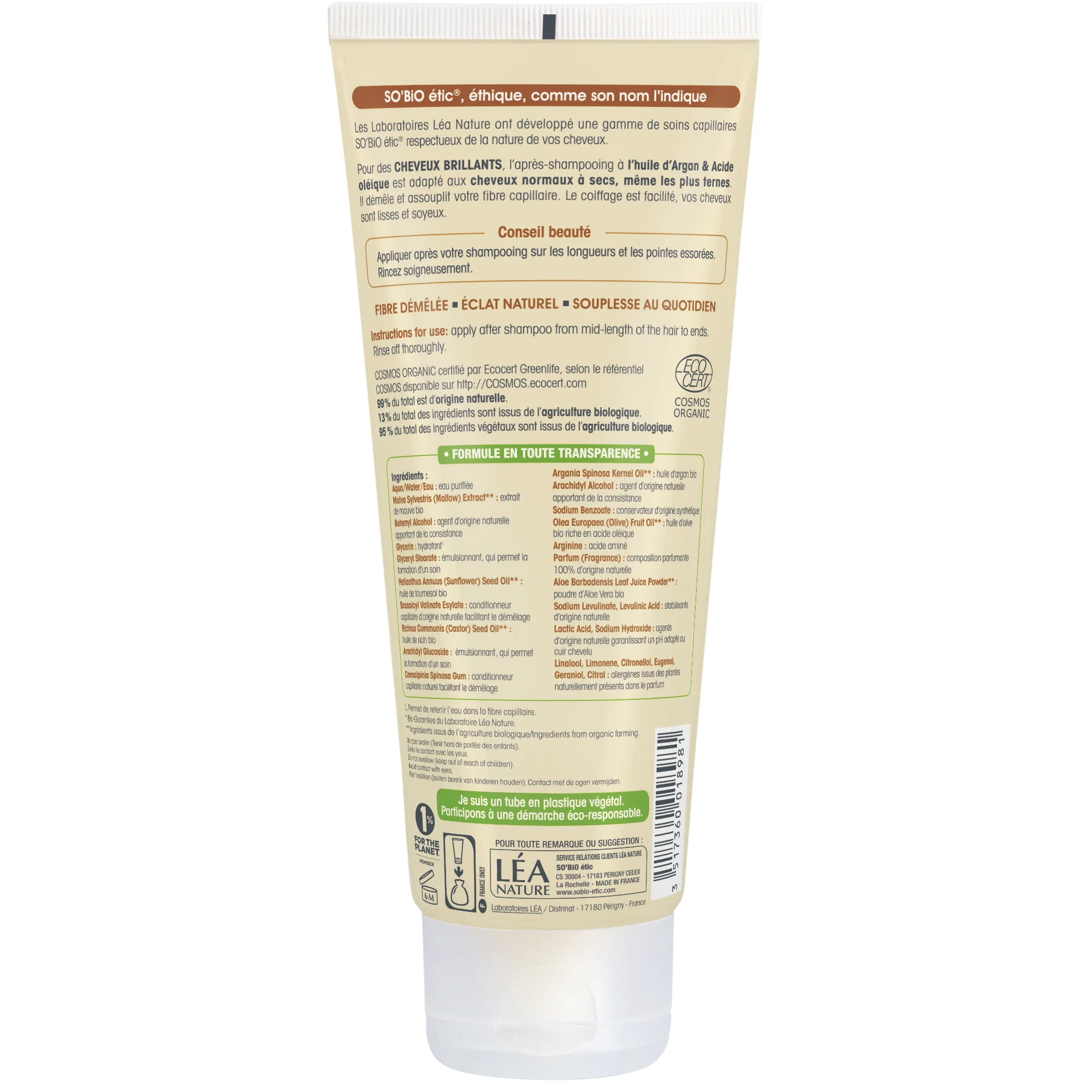 SO’BiO étic Après-shampooing brillance à l'huile d'argan - pour cheveux normaux à secs BIO (200 ml) - laisse les cheveux brillants et doux