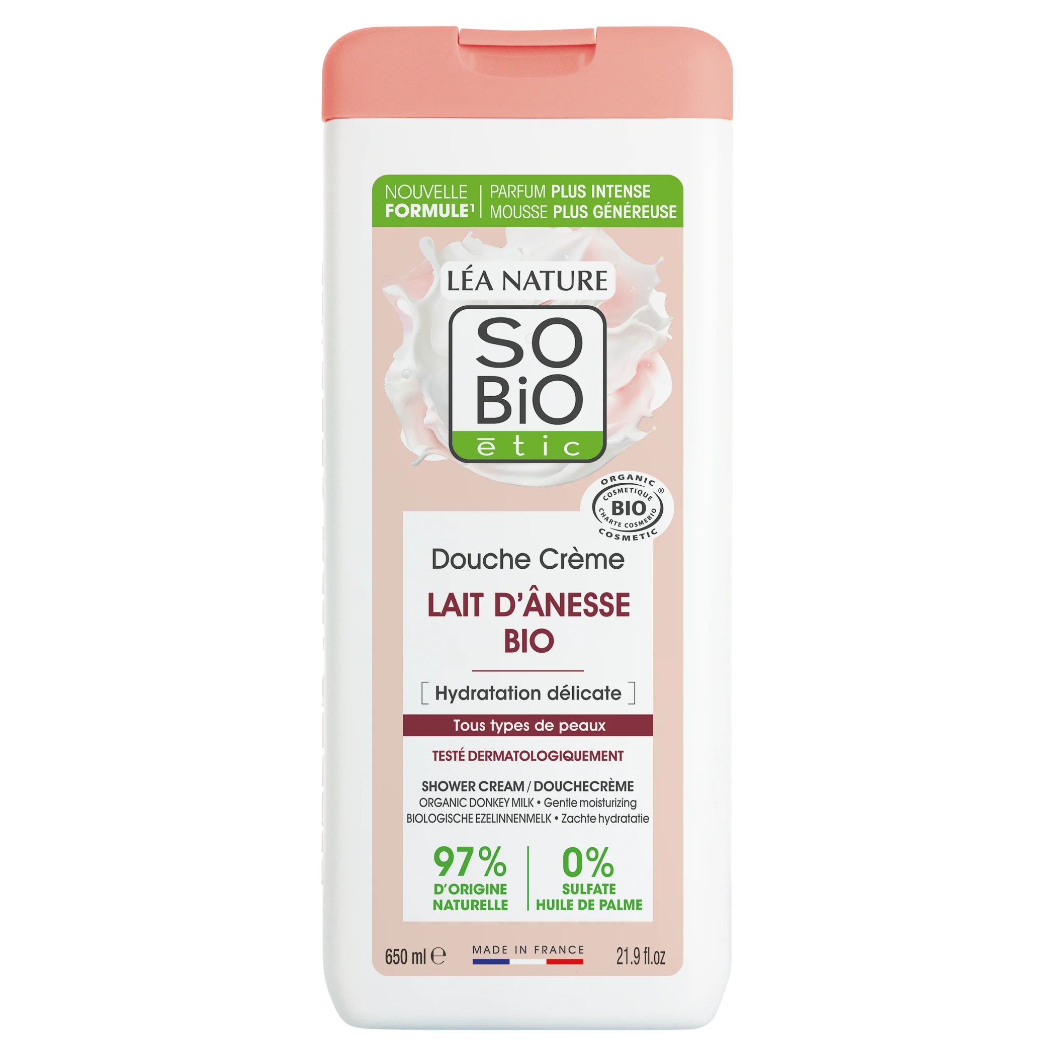 SO’BiO étic Crème de douche délicatement hydratante au lait d’ânesse BIO (650 ml) - tous types de peau