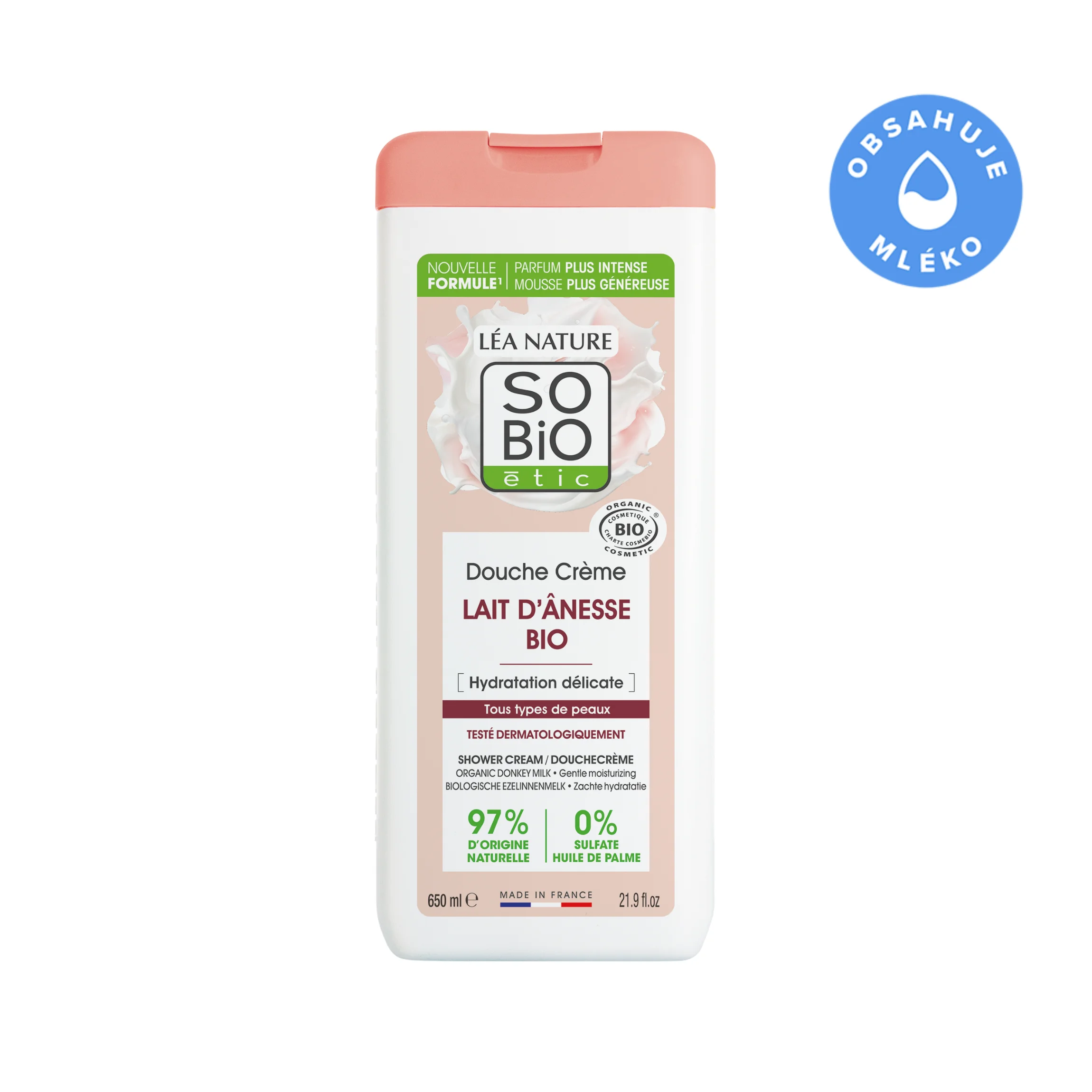 SO’BiO étic Crème de douche délicatement hydratante au lait d’ânesse BIO (650 ml) - tous types de peau
