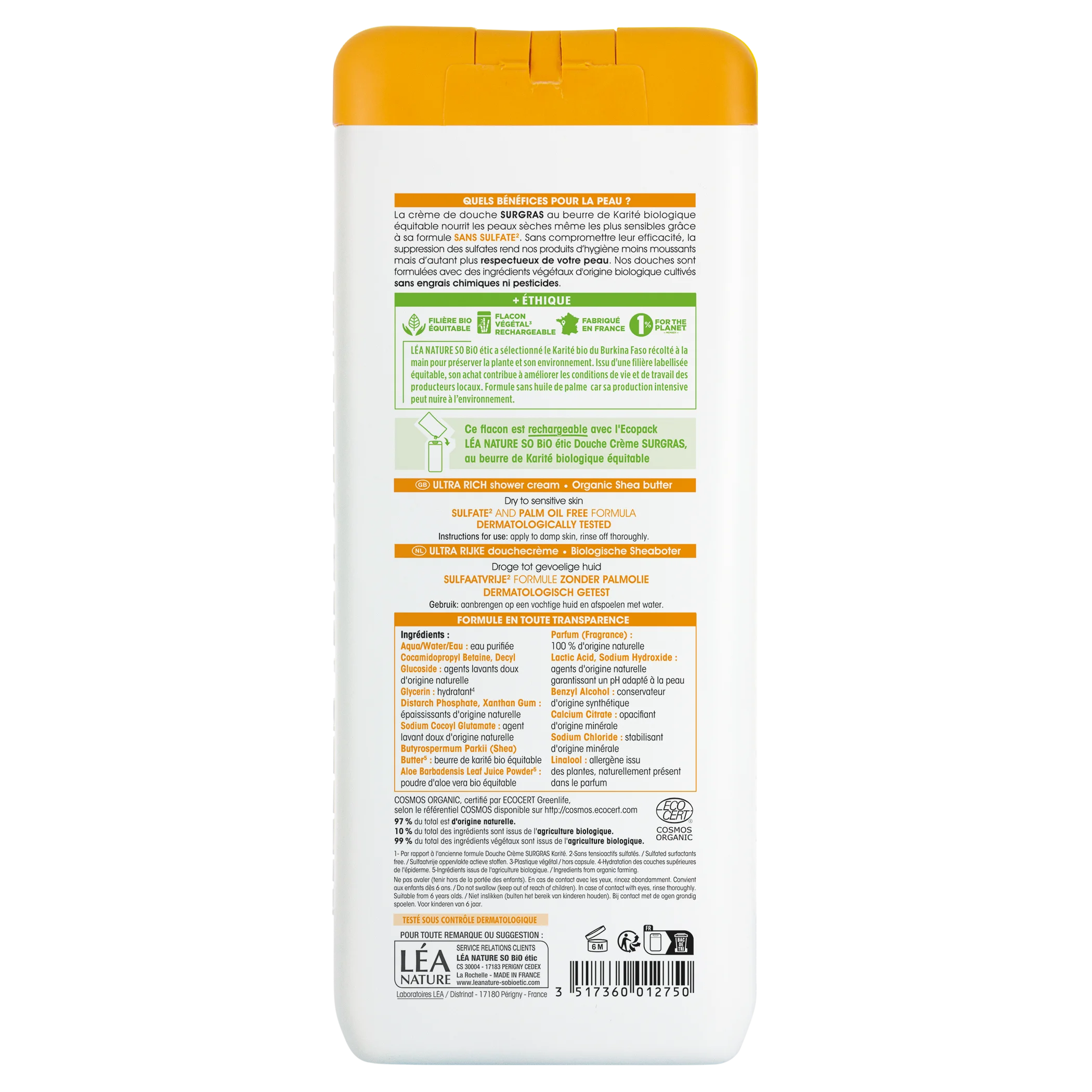 SO’BiO étic Crème de douche SURGRAS au beurre de karité BIO (650 ml) - idéale pour les peaux sèches et sensibles