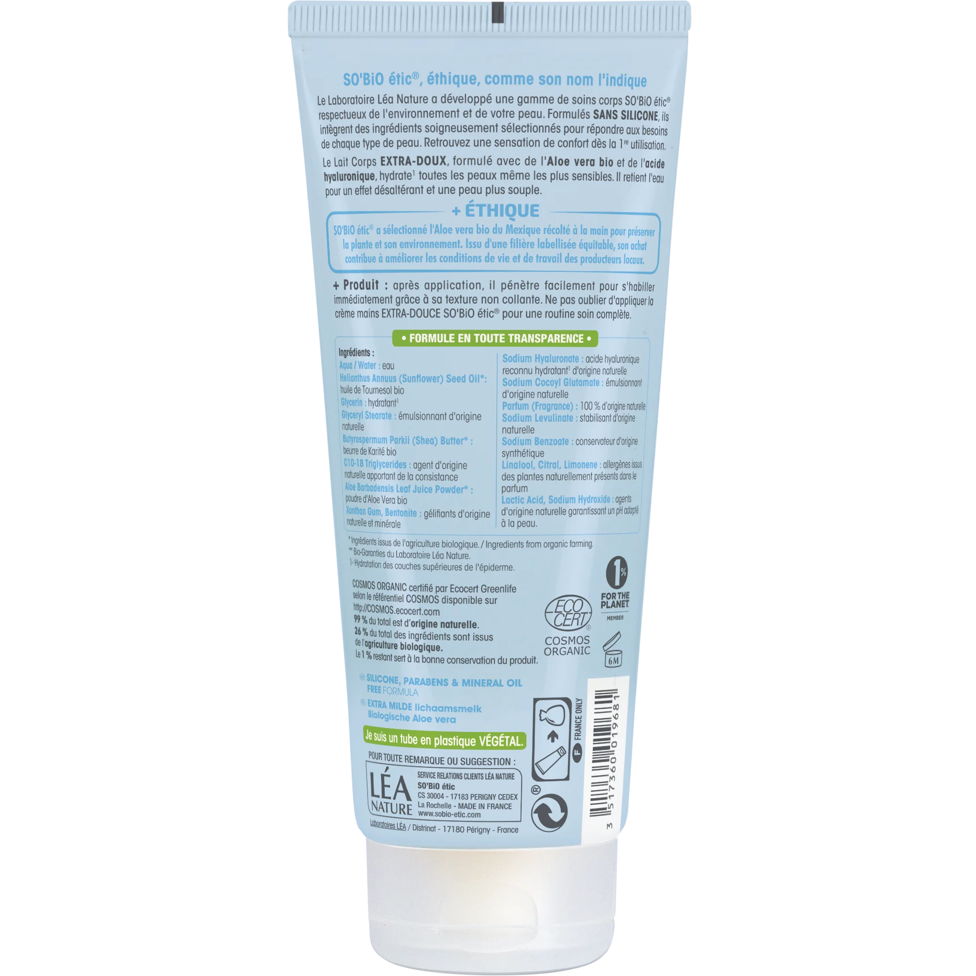 SO’BiO étic Lait corporel extra-hydratant à l’Aloe vera et à l’acide hyaluronique BIO (200 ml) - à l’acide hyaluronique