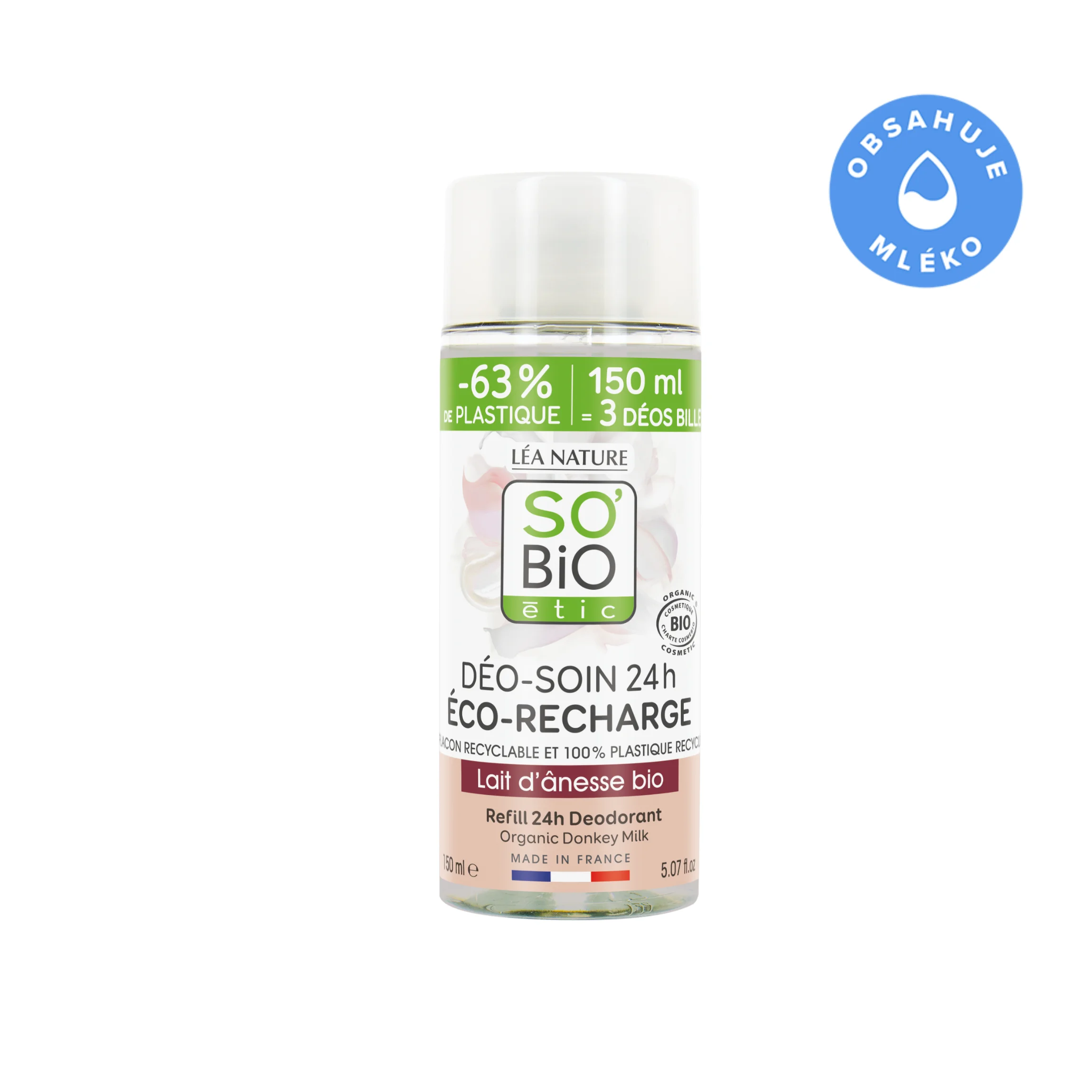SO’BiO étic Recharge pour déodorant roll-on hydratant 24 h au lait d’ânesse BIO (150 ml) - une recharge remplace trois roll-ons