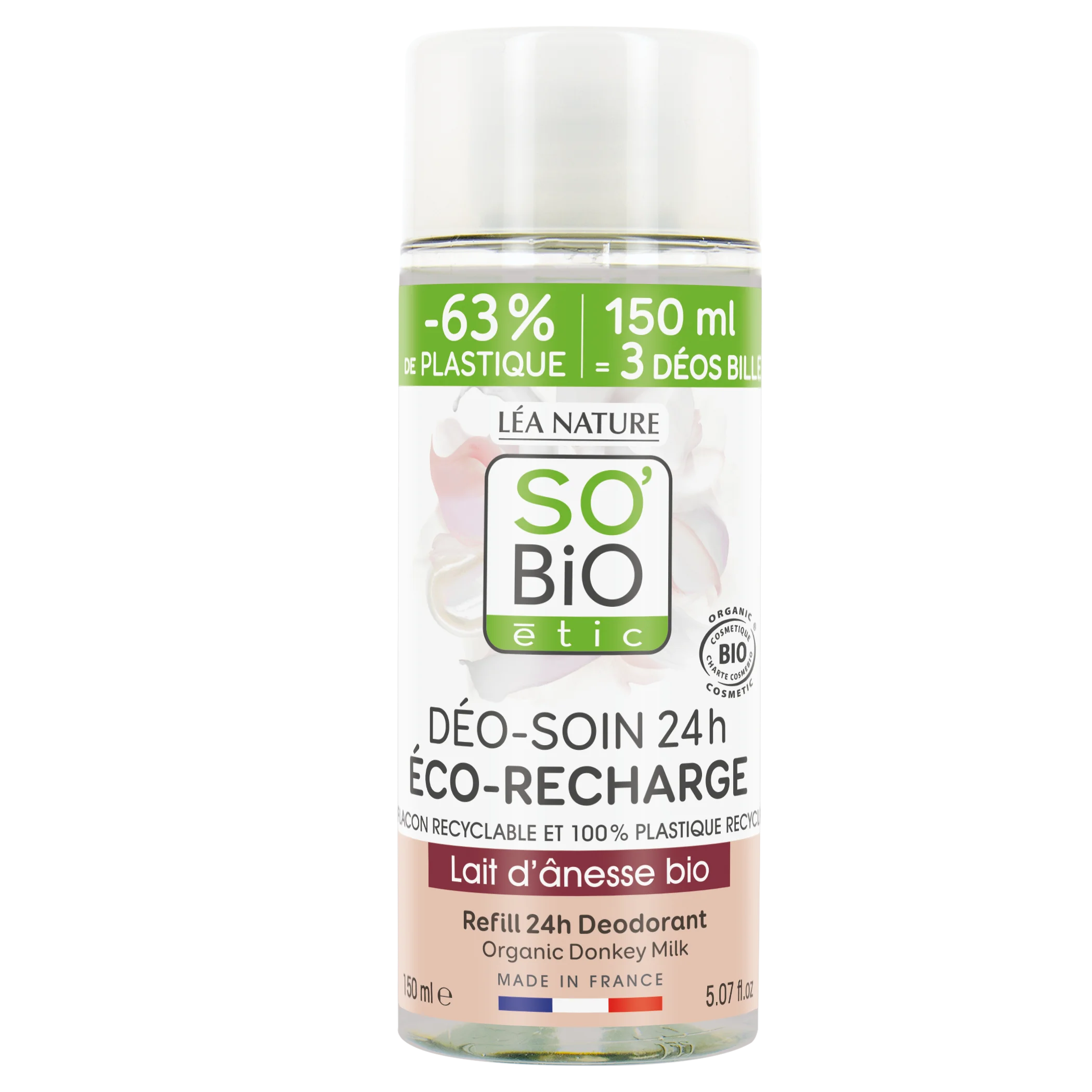 SO’BiO étic Recharge pour déodorant roll-on hydratant 24 h au lait d’ânesse BIO (150 ml) - une recharge remplace trois roll-ons