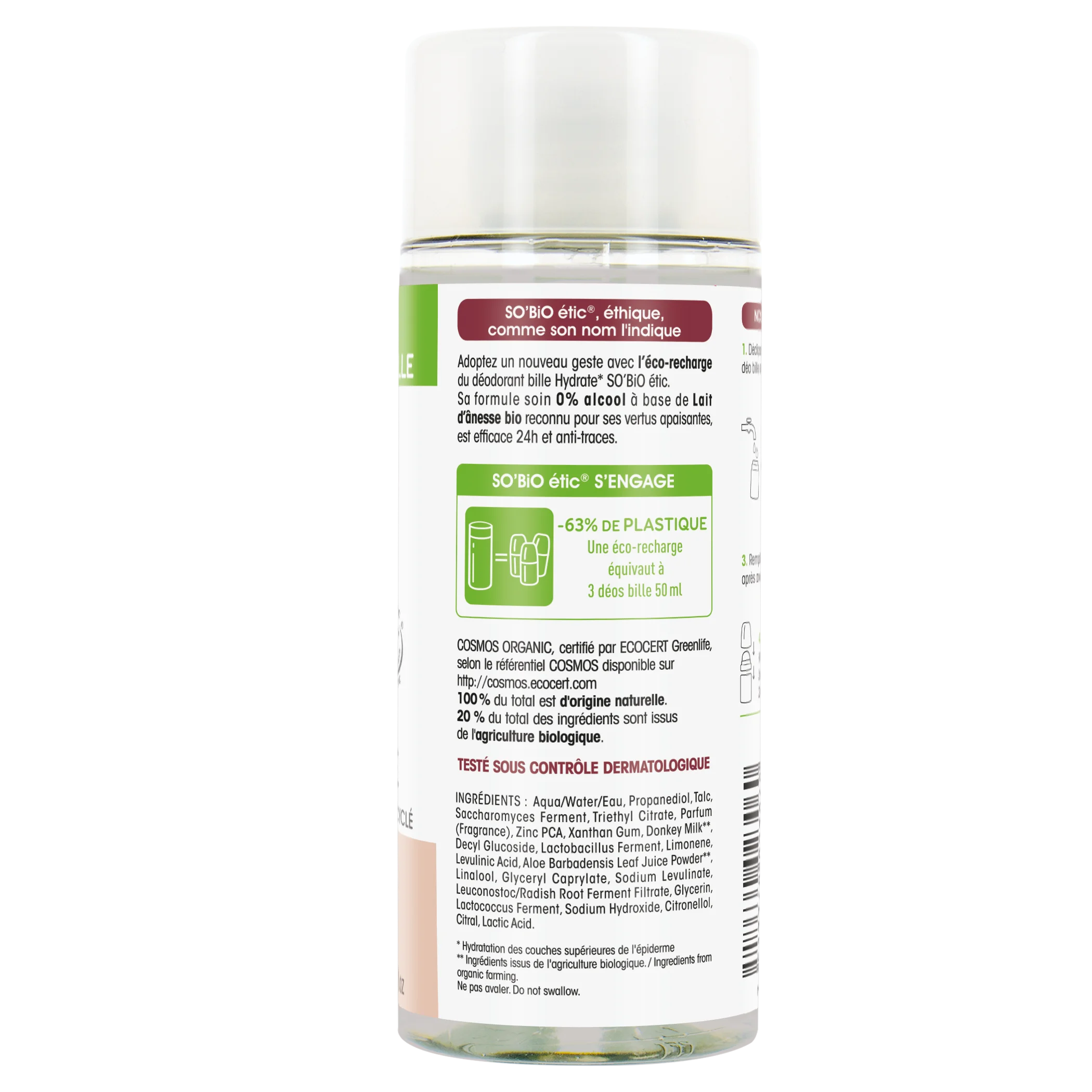 SO’BiO étic Recharge pour déodorant roll-on hydratant 24 h au lait d’ânesse BIO (150 ml) - une recharge remplace trois roll-ons