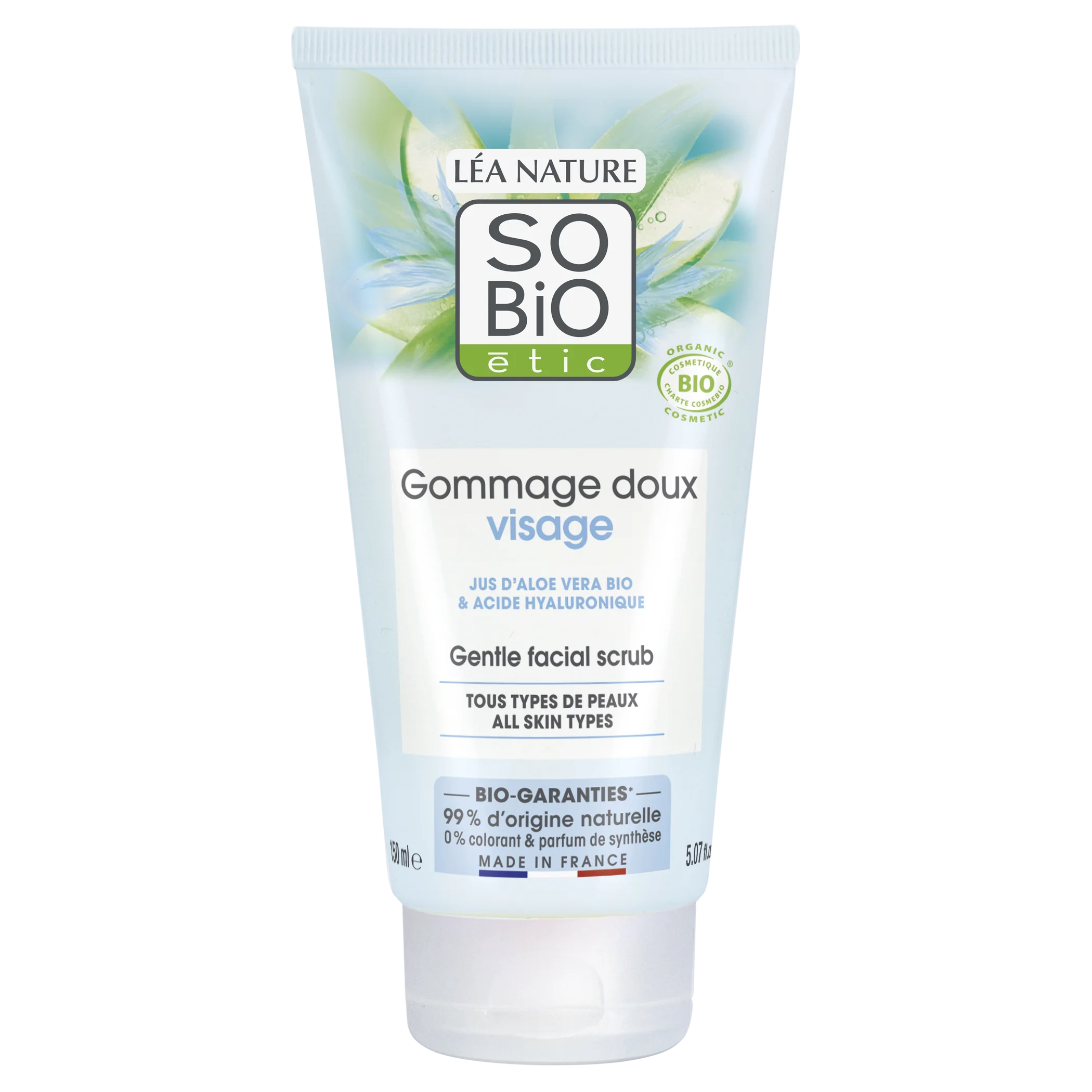 SO’BiO étic Gommage doux hydratant à l’Aloe vera BIO pour une utilisation fréquente (150 ml) - à l’acide hyaluronique