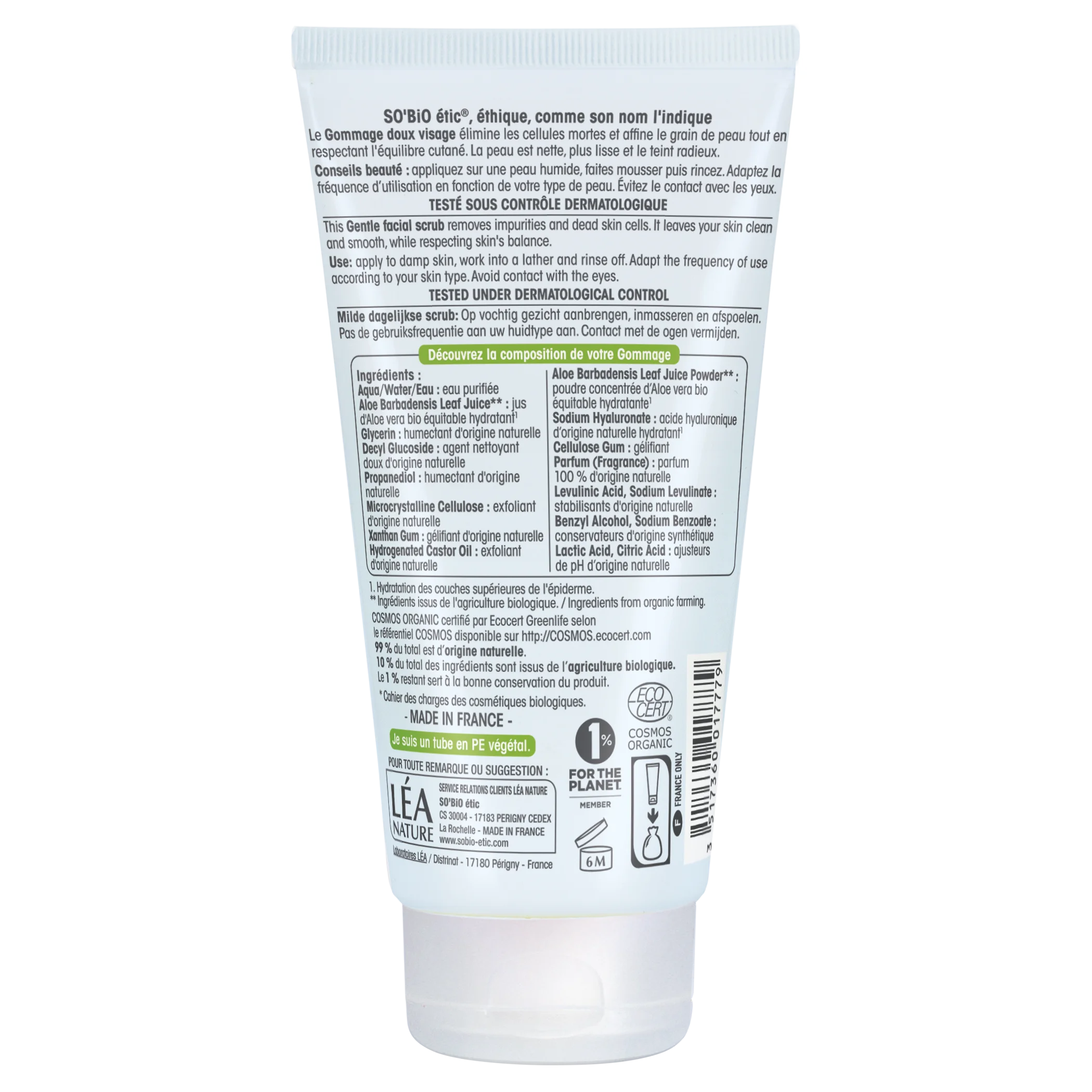 SO’BiO étic Gommage doux hydratant à l’Aloe vera BIO pour une utilisation fréquente (150 ml) - à l’acide hyaluronique