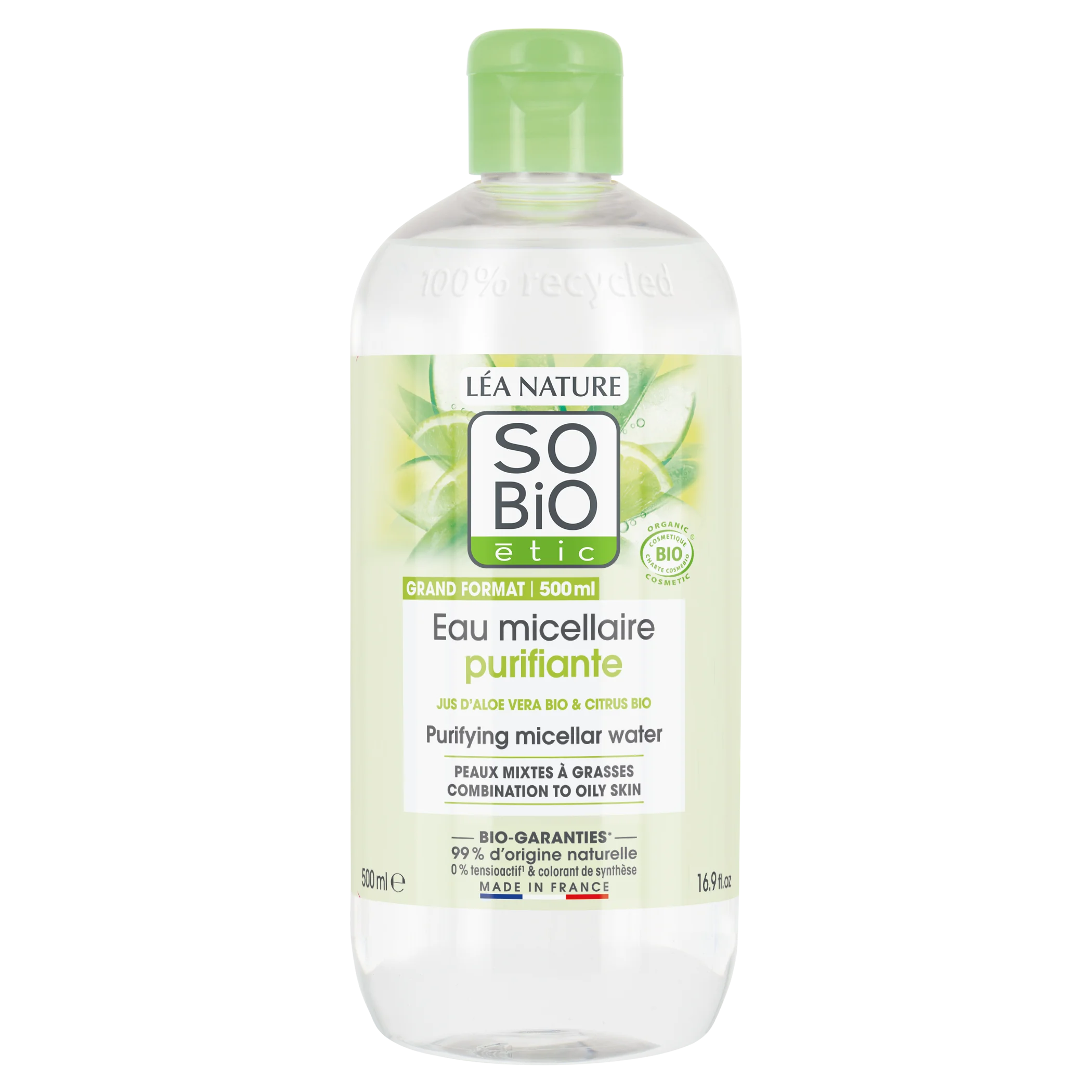 SO’BiO étic Eau micellaire nettoyante Aloe Vera - zinc et agrumes BIO (500 ml) - idéale pour les peaux mixtes à grasses