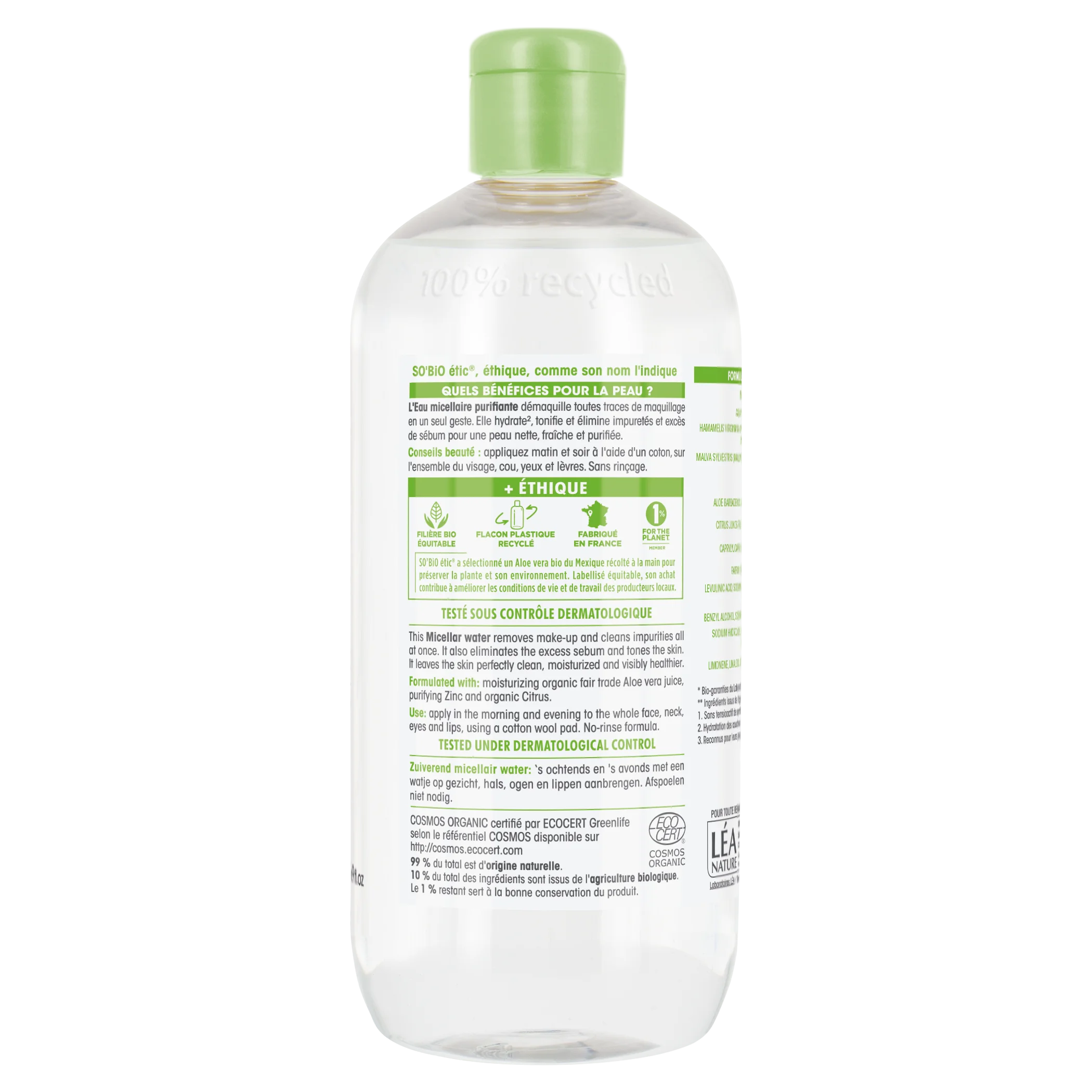 SO’BiO étic Eau micellaire nettoyante Aloe Vera - zinc et agrumes BIO (500 ml) - idéale pour les peaux mixtes à grasses