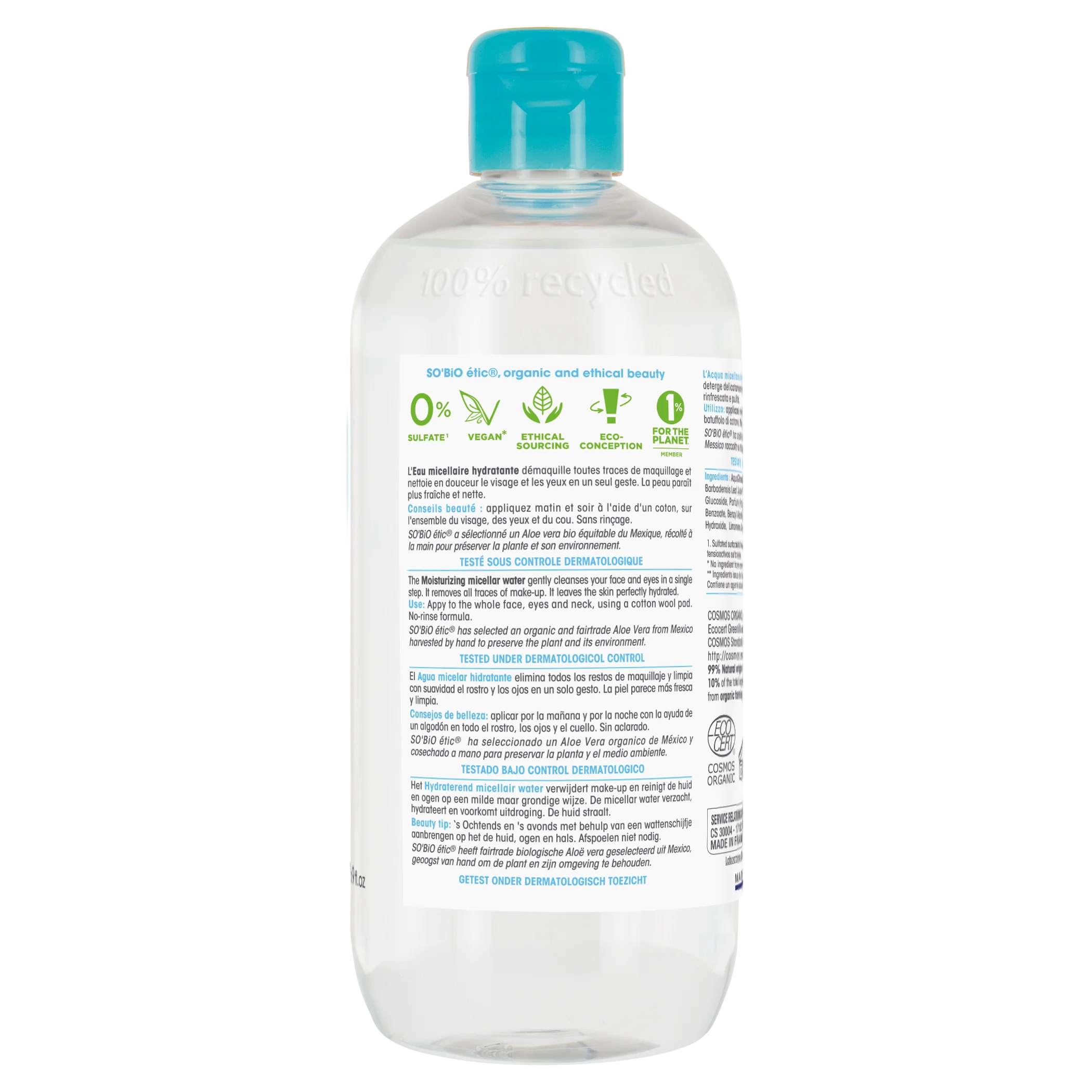 SO’BiO étic Eau micellaire hydratante à l’Aloe vera BIO (500 ml) - enrichie en eau de bleuet