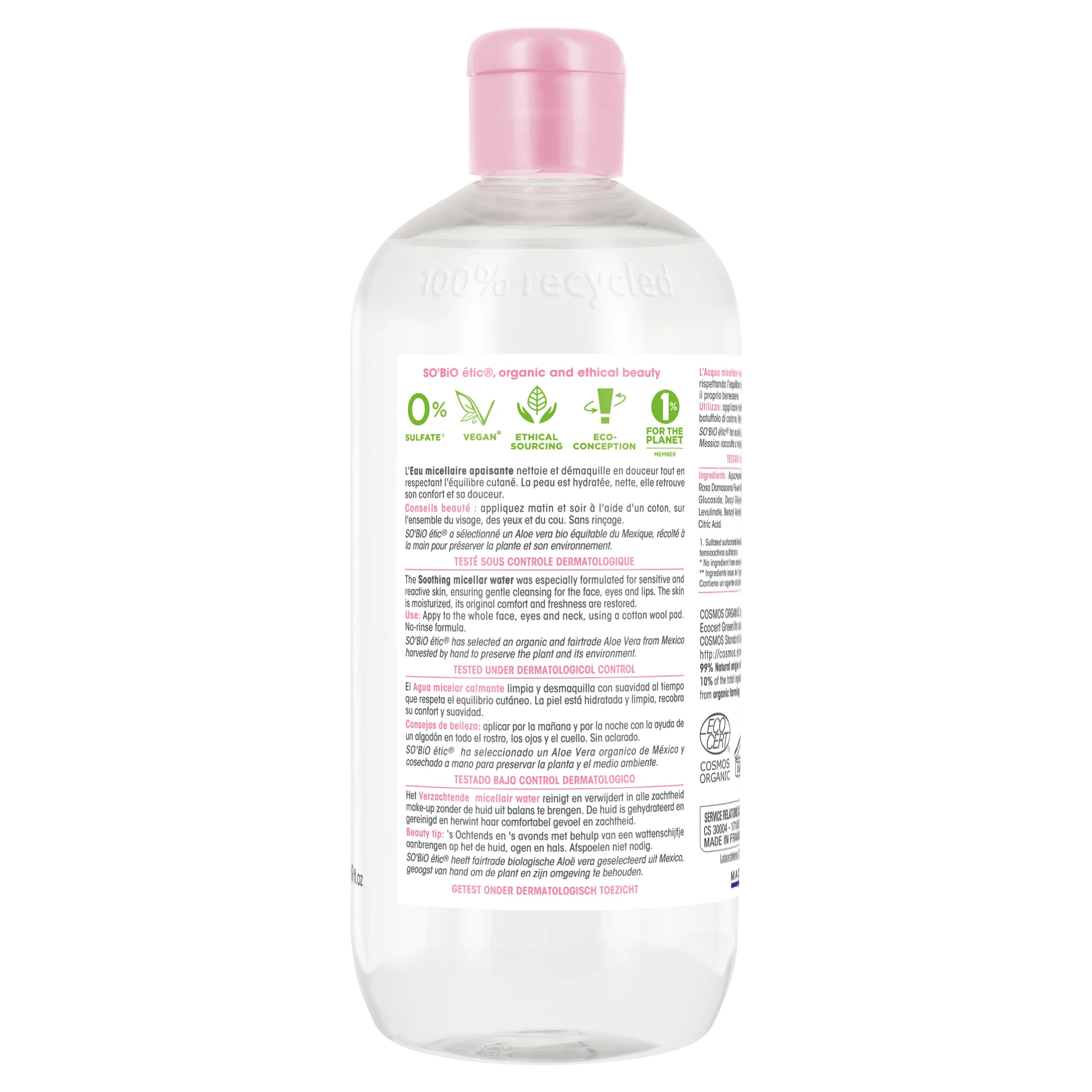 SO’BiO étic Eau micellaire apaisante à l'Aloe Vera BIO (500 ml) - enrichie en eau de camomille