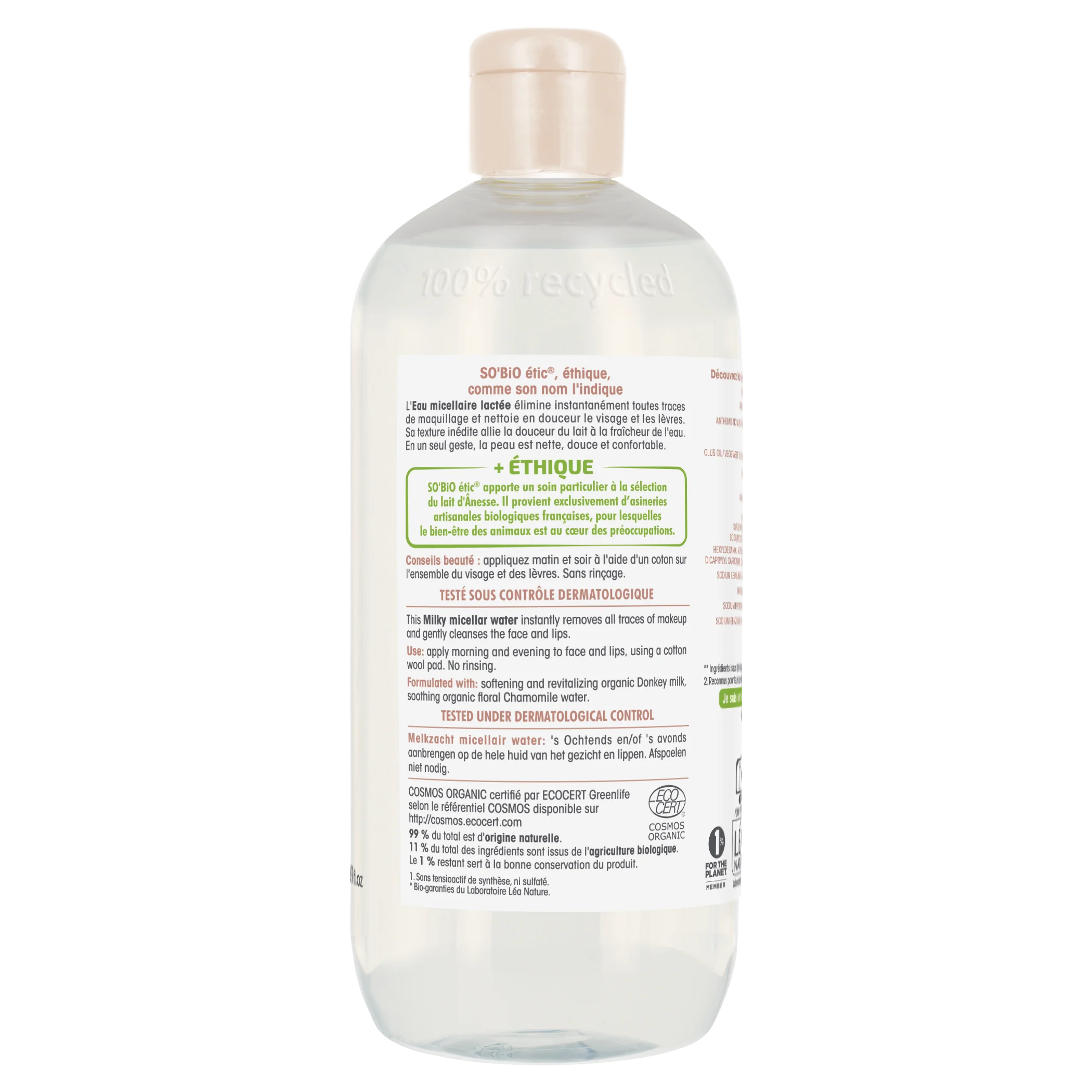 SO’BiO étic Eau micellaire au lait d’ânesse BIO (500 ml) - convient aussi aux peaux sensibles
