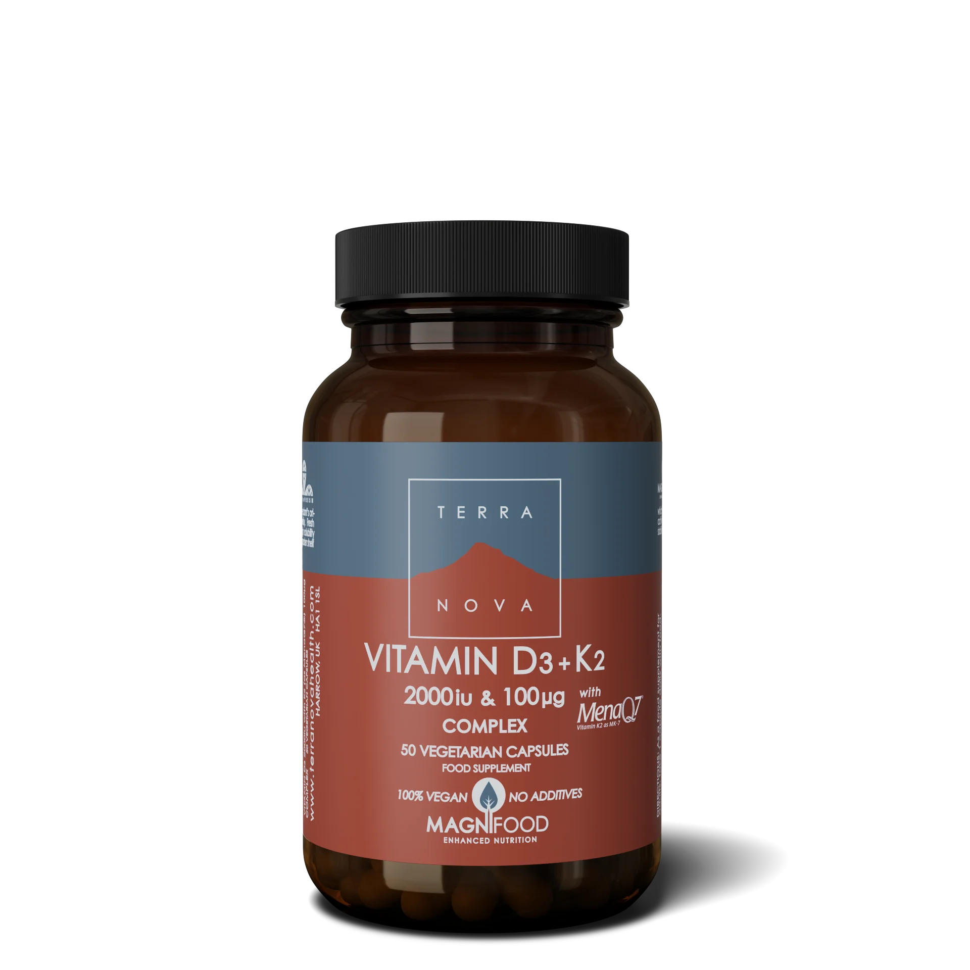 Terranova Health Vitamine D3 2000 UI & Vitamine K2 100 µg Complexe (50 gélules) - D3 issue du lichen et K2 issue du pois chiche