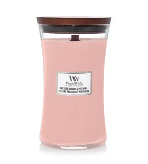 Bougie parfumée WoodWick Pressed Blooms & Patchouli avec mèche en bois pour hommes