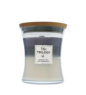 Bougie parfumée WoodWick Trilogy Amethyst Sky avec mèche en bois 275 g