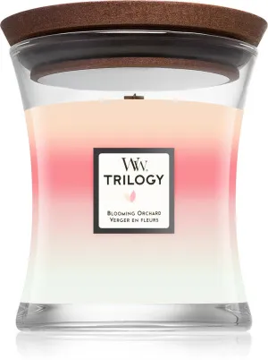 WoodWick Trilogy Blooming Orchard geurkaars met houten lont voor mannen