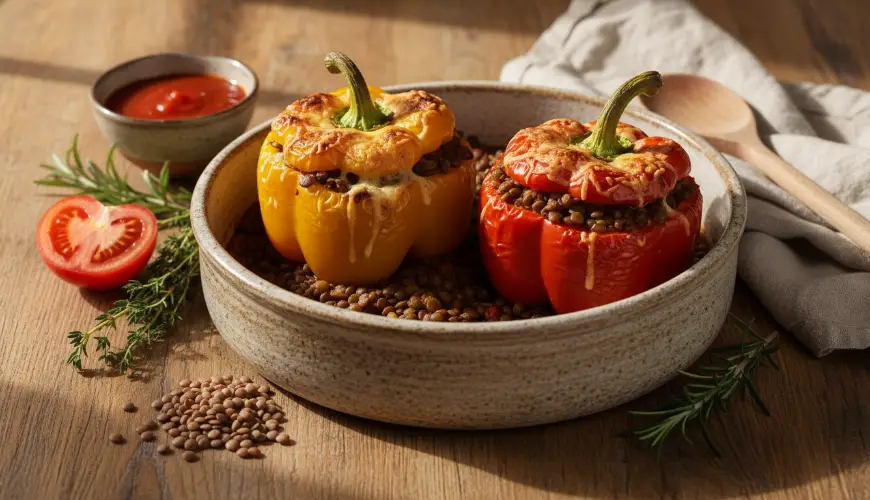 Ragú de lentilles comme garniture pour poivrons farcis gratinés