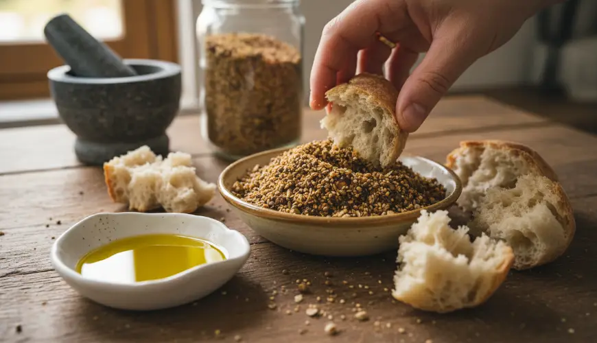 Dukkah est un mélange égyptien croquant pour tremper le pain dans l'huile