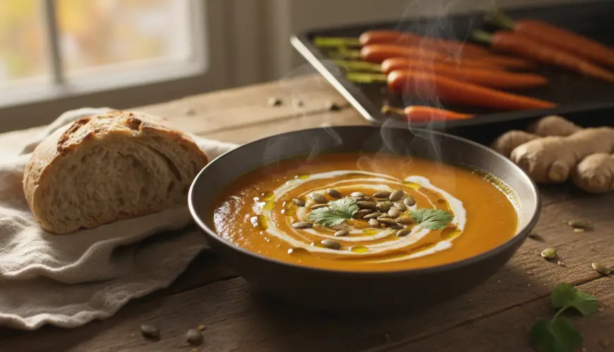 Soyeusement crémeuse soupe de carottes rôties et de gingembre sans crème
